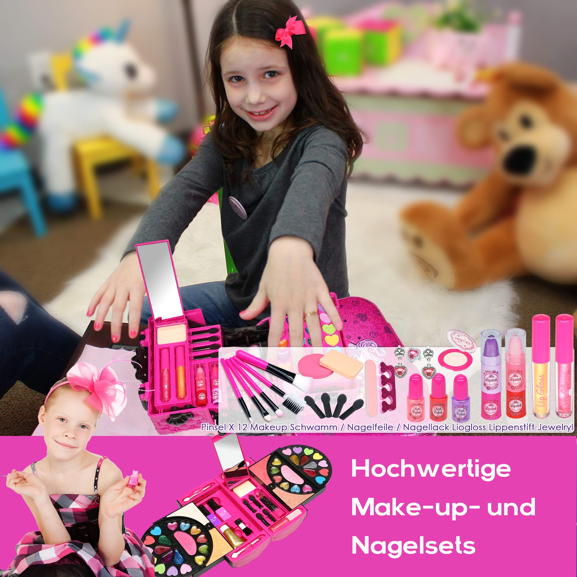 Amerrly 52-Piece Washable Makeup Set for Girls - Non-Toxic Kids Makeup Kit with Travel Case - Perfect Birthday Gift for Girls Ages 4-12 - Pretend Play, Dress-Up & Party Makeup for Kids