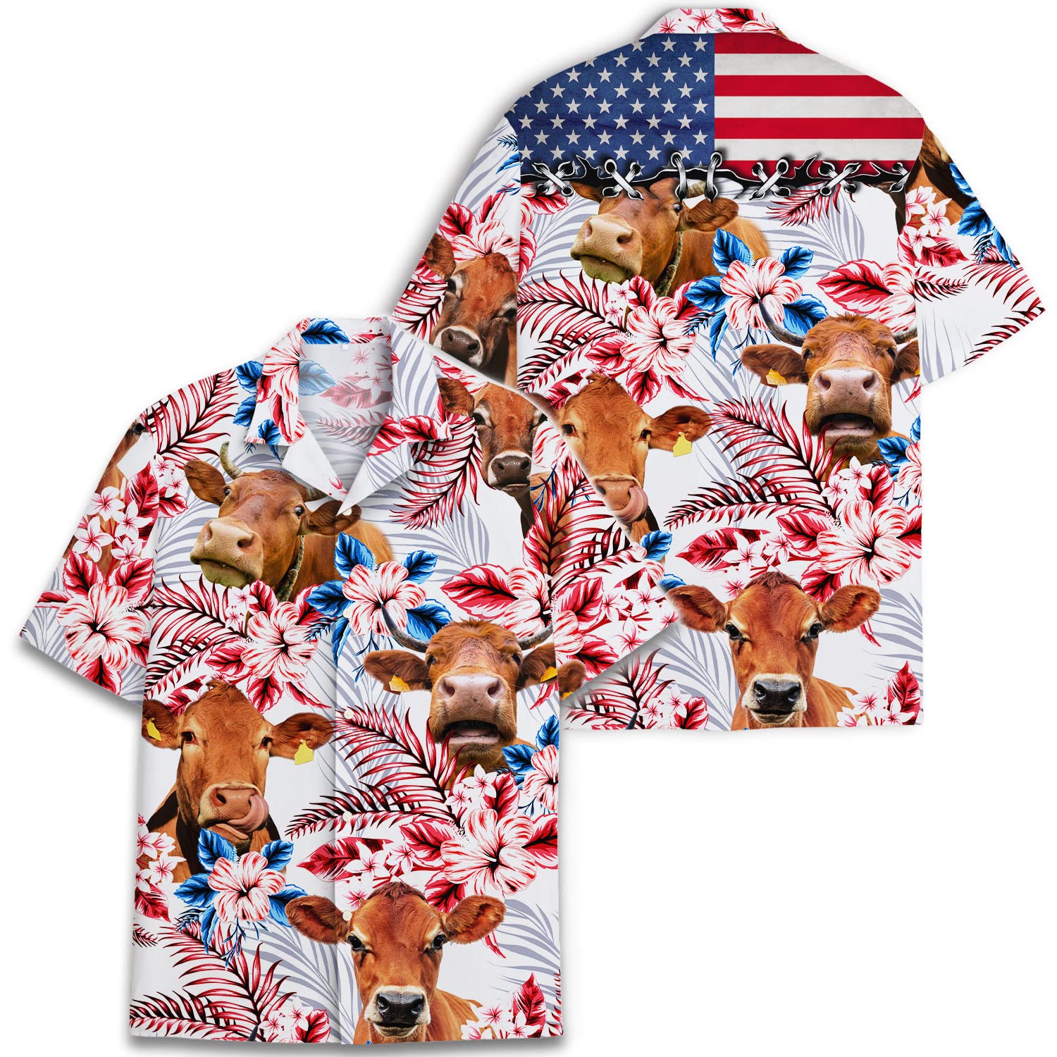 PIGO Cow Print Hawaiian Shirts for Men - Tropical Cow Button Down Shirt with US Flag Design - Short Sleeve Casual Shirt for Beach, Summer Vacation & Luau Parties