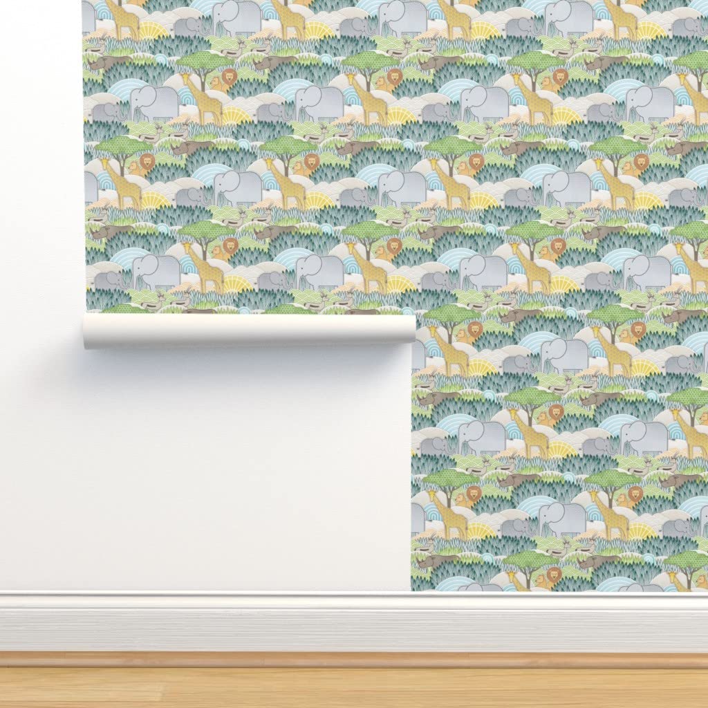 12ft x 2ft Peel & Stick Removable Wallpaper - Green Safari Theme with Lion, Giraffe & Elephant Patterns | Perfect for Kids' Rooms, Nursery Decor & Home Accent Walls