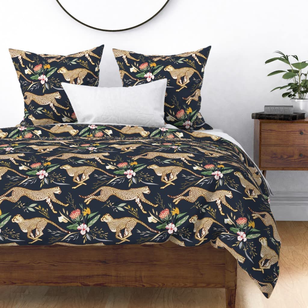 Premium Cotton Sateen Duvet Cover Twin Size - Safari Navy Neutral Earth Tones with Wildlife Botanical Cheetah Print | Custom Bedding Set for Kids & Adults Bedrooms | Soft & Breathable Luxury Bedding for Home Decor