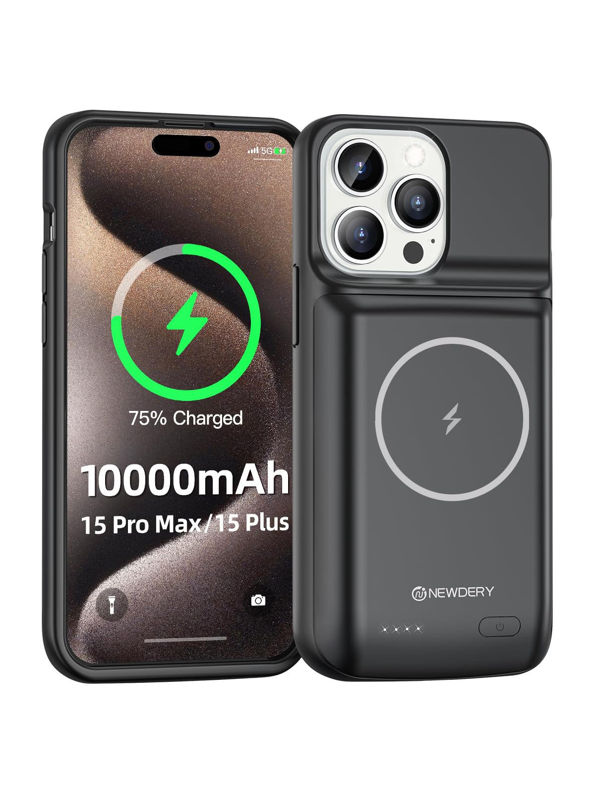NEWDERY 10000mAh Battery Case for iPhone 15 Pro Max & iPhone 15 Plus - USB C & Qi Wireless Charging Portable Power Bank with Protective Cover | Perfect for Travel, Outdoor Activities & Daily Charging
