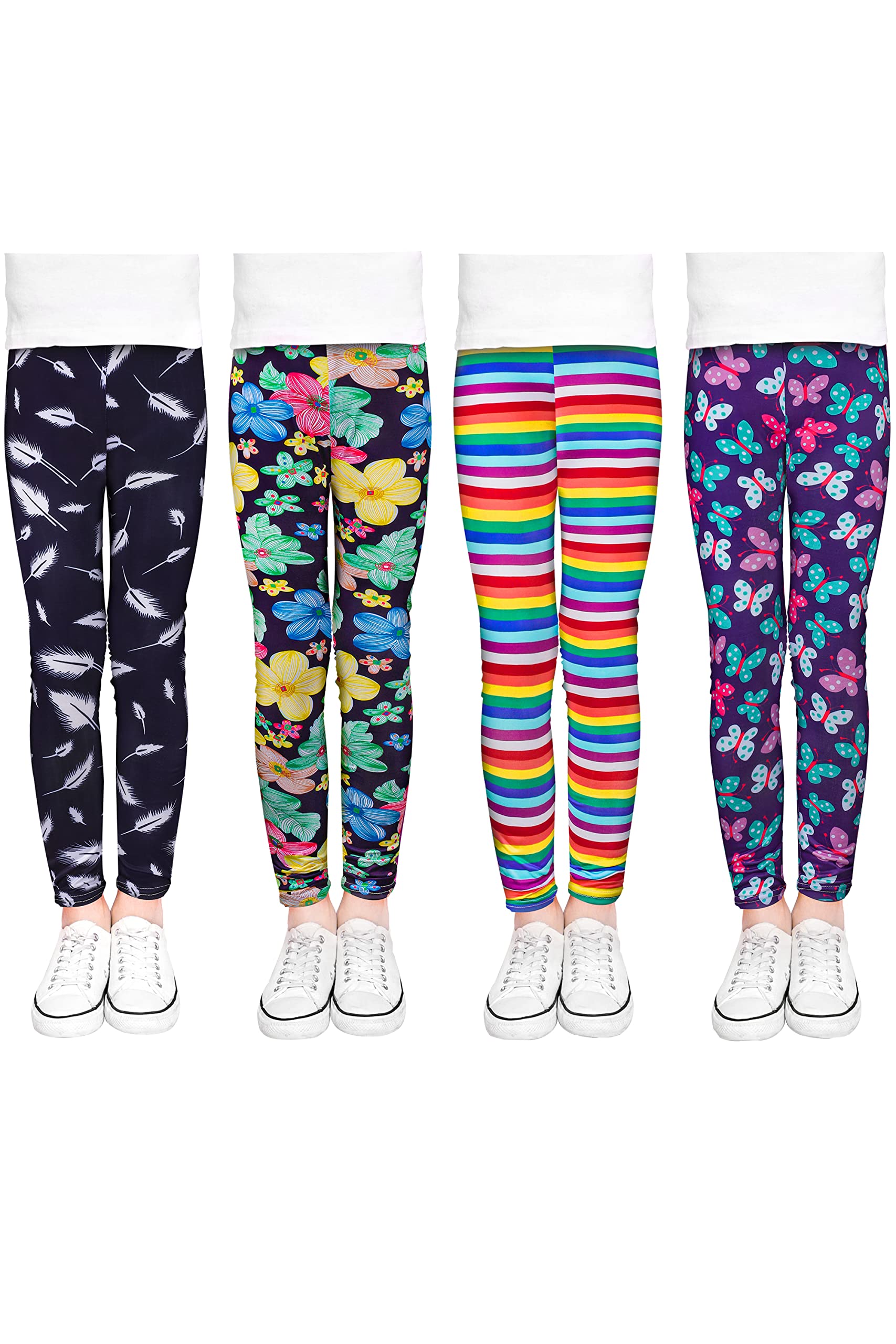 TODDOR 4 Pack Girls Printed Leggings - Stretchy Athletic Pants for Kids Ages 6-12 - Soft & Comfortable Yoga, Playtime & Everyday Wear