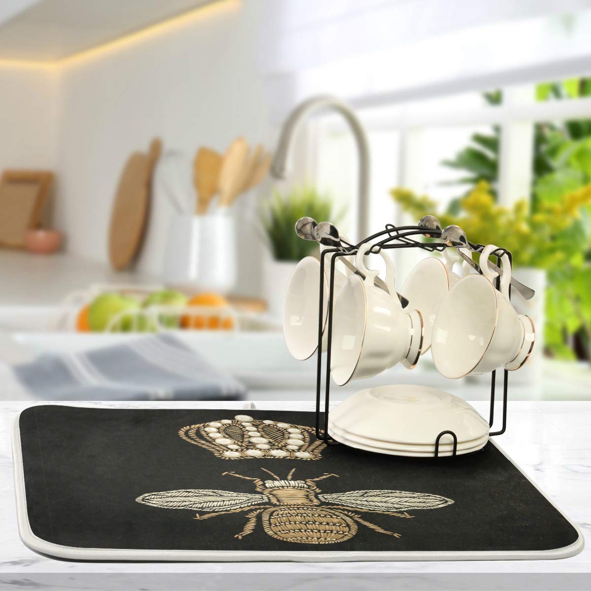 Susiyo Super Absorbent Microfiber Dish Drying Mat with Gold Bee & Crown Design - Heat-Resistant Kitchen Counter Mat (18x24 Inch) - Perfect for Drying Dishes, Protecting Countertops & Organizing Kitchen
