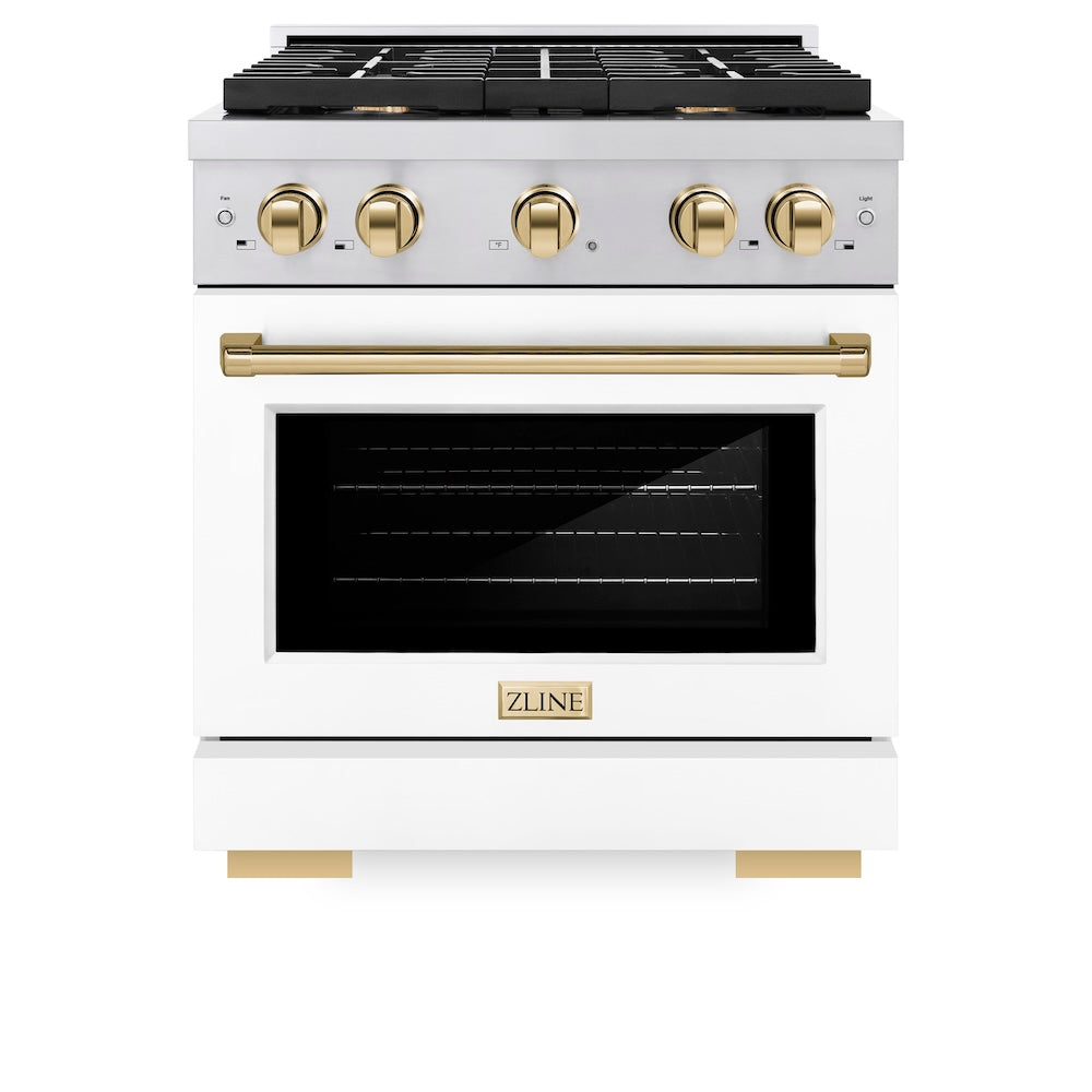 ZLINE Autograph Edition 30-inch 4.2 cu. ft. Stainless Steel Gas Range with 4 Burner Cooktop & Convection Oven - White Matte Door & Polished Gold Accents (SGRZ WM 30 G) | Professional Kitchen Appliance for Home Chefs & Cooking Enthusiasts