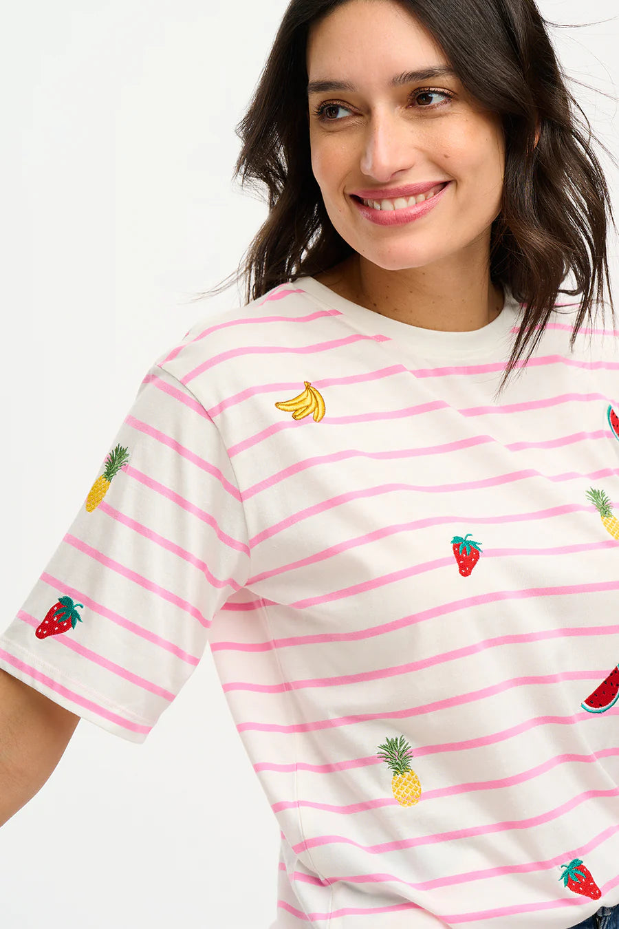 Kinsley Relaxed Fit T-Shirt for Women - Soft Cotton Casual Tee in Off White & Pink Fruit Print | Perfect for Everyday Wear, Lounge & Outings