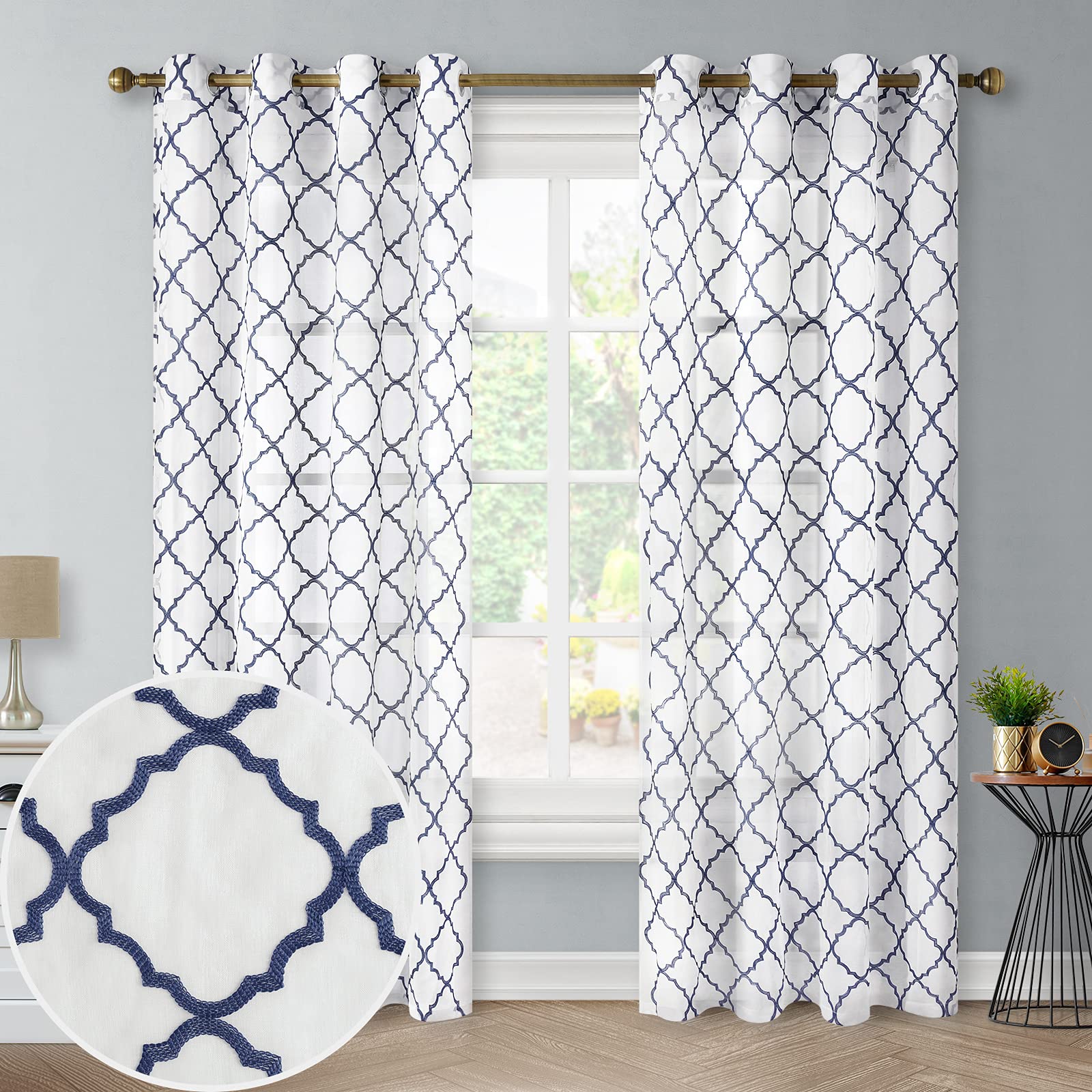 Navy Blue Moroccan Sheer Curtains with Embroidery - 52x96 Inch Light Filtering Voile Window Panels (Set of 2) for Bedroom & Living Room - Grommet Top Semi-Sheer Drapes for Sun Protection & Home Decor