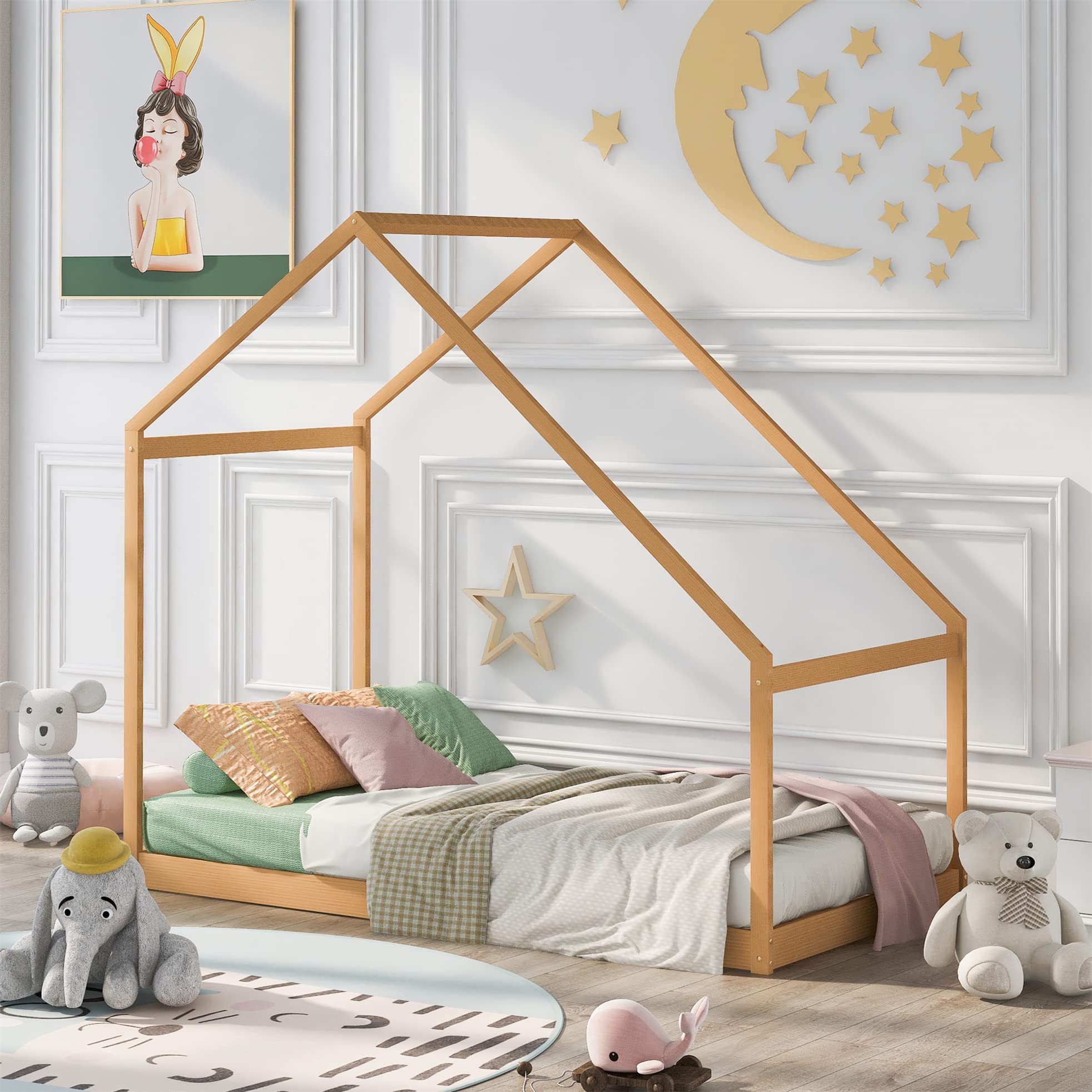 MERITLINE Twin Size Wooden House Bed with Roof - Platform Bed Frame for Toddlers, Kids & Teens - Natural Floor Bed for Nursery, Playroom & Kids Bedroom Decor