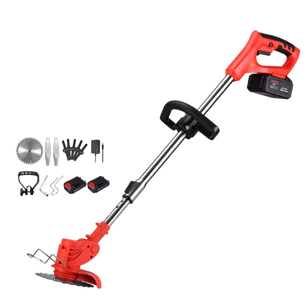 24V Cordless Electric Weed Whacker & String Trimmer - Adjustable Handle Lawn Edger with 3 Blades & Charger for Grass Cutting, Bush Trimming, Garden Pruning (Red) - Perfect for Home Lawn Care, Yard Maintenance & Landscaping Projects