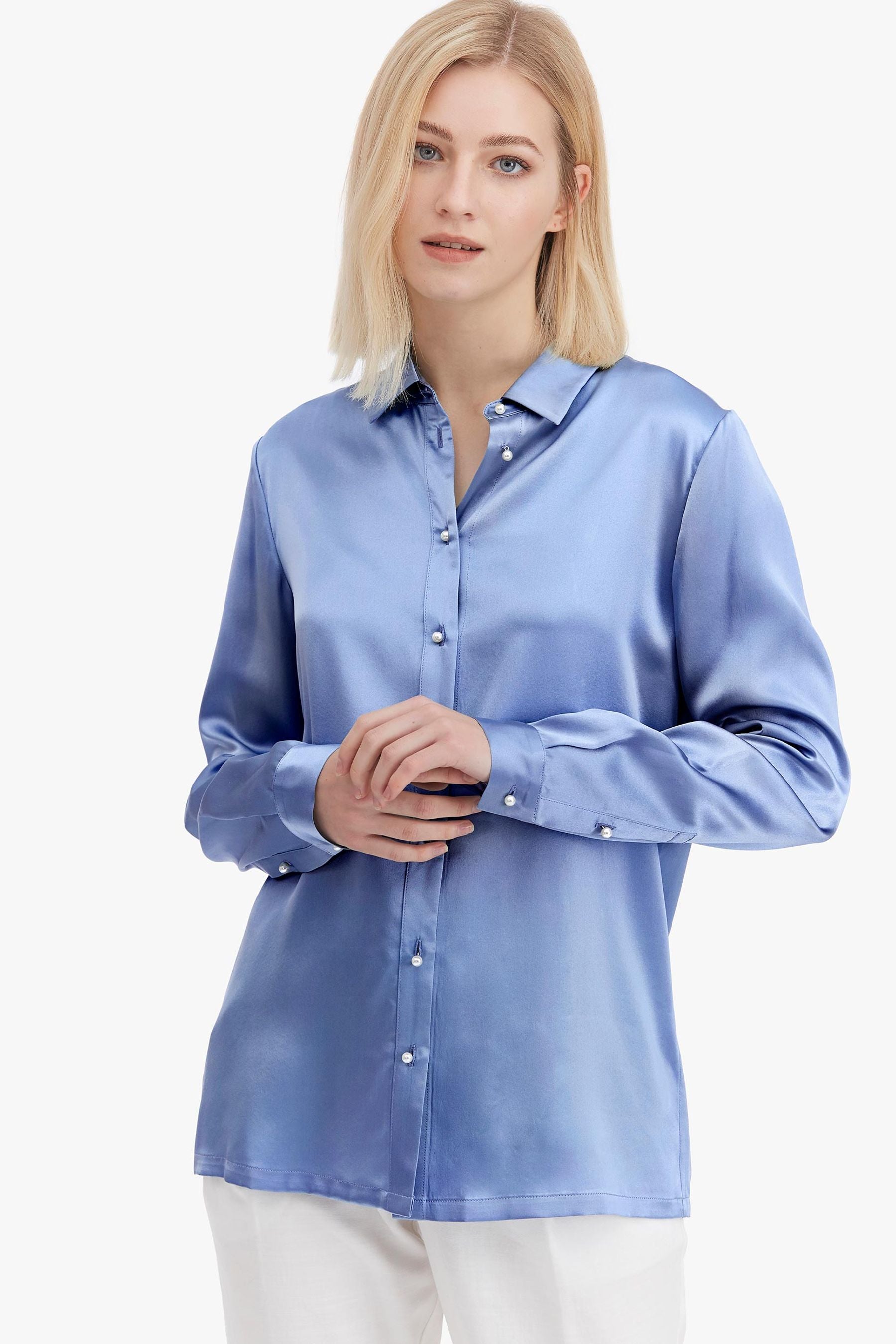 Elegant Classic Pearl Button Silk Shirt for Women - Vintage Style Blouse for Office, Party & Special Occasions