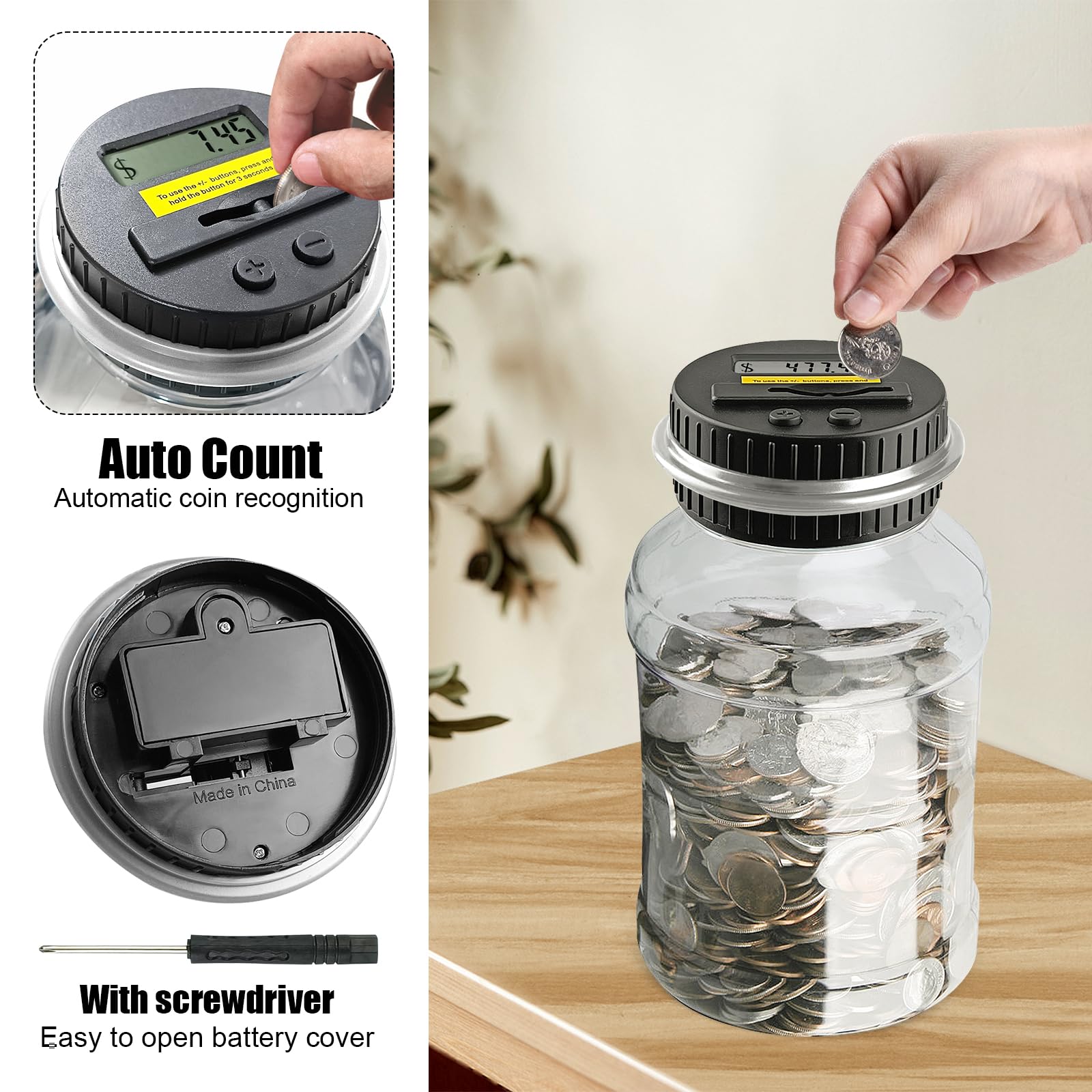 QPEY Digital Coin Counter Piggy Bank for Adults - 1.8L Capacity Money Jar with LCD Display for Accurate Change Counting - Perfect for Home Savings, Office Cash Management & Gift Giving (Silver)