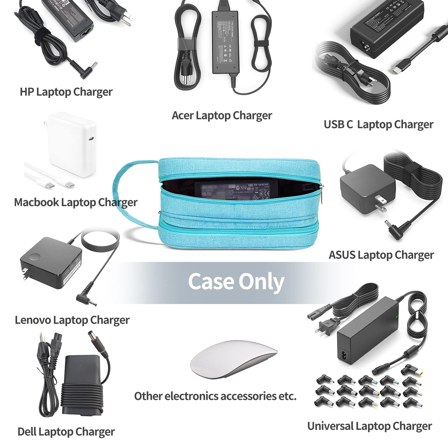 HESTECH Waterproof Electronics Organizer Bag - Double Layer Travel Charger Case for Cables, Mouse, Earbuds & USB Drives (Teal, Medium) | Portable Cord Storage Solution for Office, Travel & Home Use