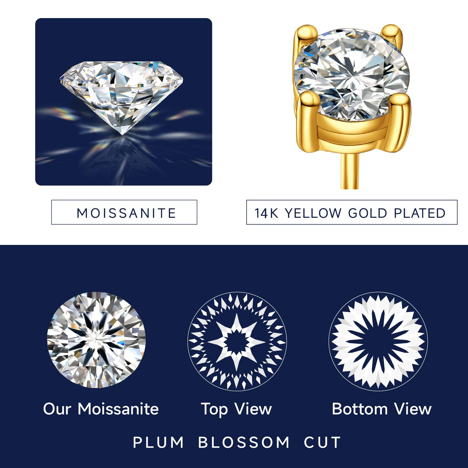 14K Gold Plated Moissanite Stud Earrings for Women - 1-2 Carat Lab Created Diamond Earrings in Yellow/Rose Gold & 925 Sterling Silver - Perfect Birthday Gift, Anniversary Present & Everyday Elegance Jewelry
