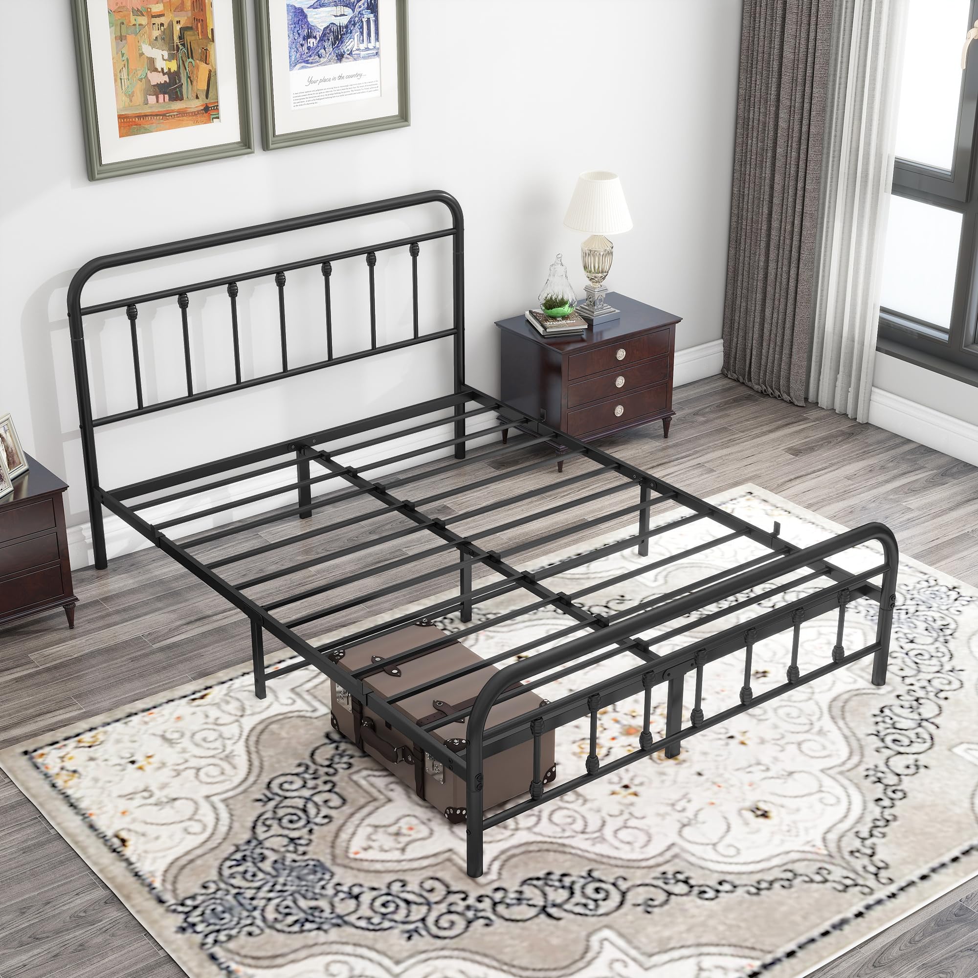 DUMEE Metal Queen Bed Frame with Headboard and Footboard - Farmhouse Style Platform Bed with Under Bed Storage, No Box Spring Needed, Textured Black - Perfect for Guest Rooms, Master Bedrooms & Small Spaces