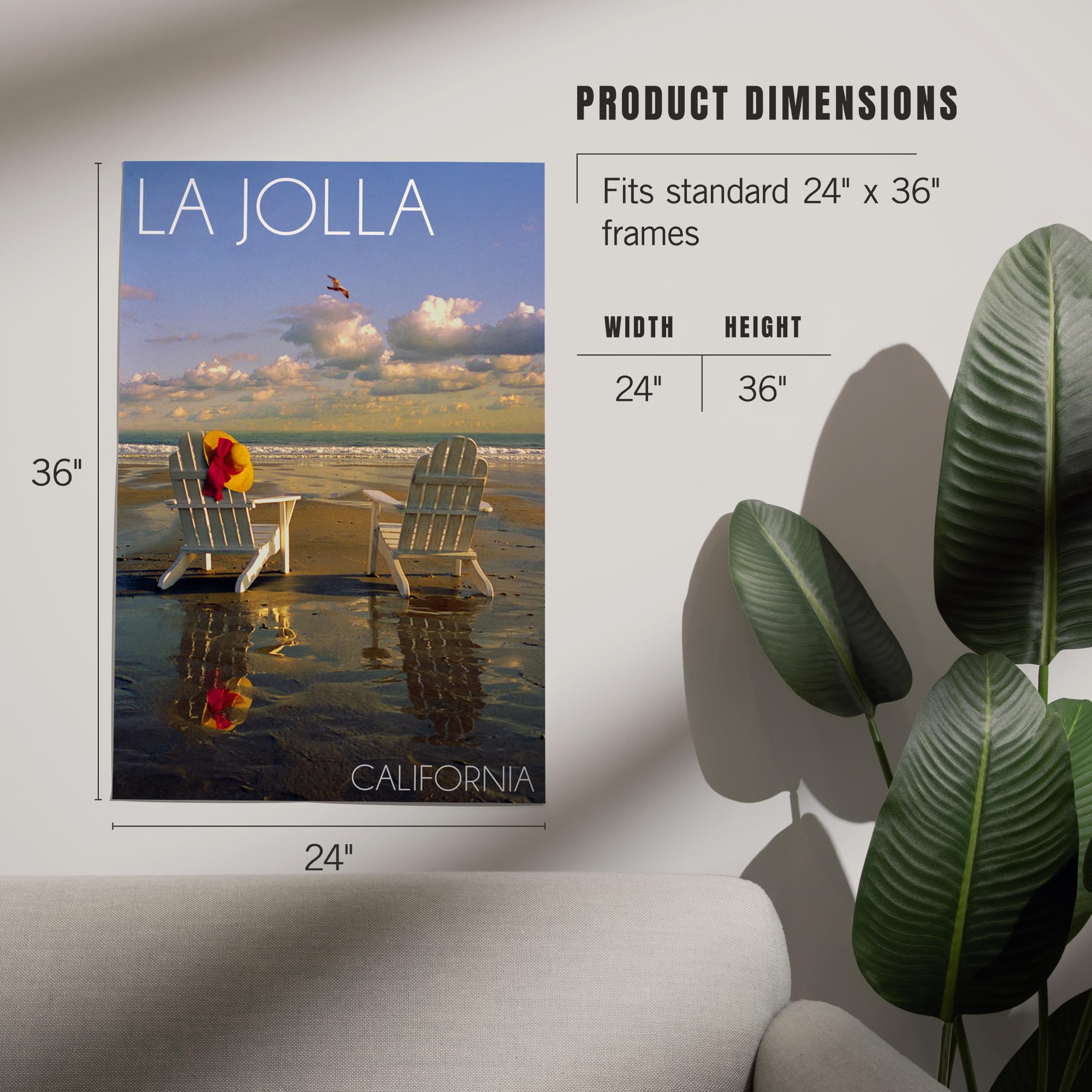 Lantern Press 24x36 Inch Giclee Art Print - La Jolla California Beach Scene with Adirondack Chairs - Premium Wall Decor for Living Room, Bedroom & Office
