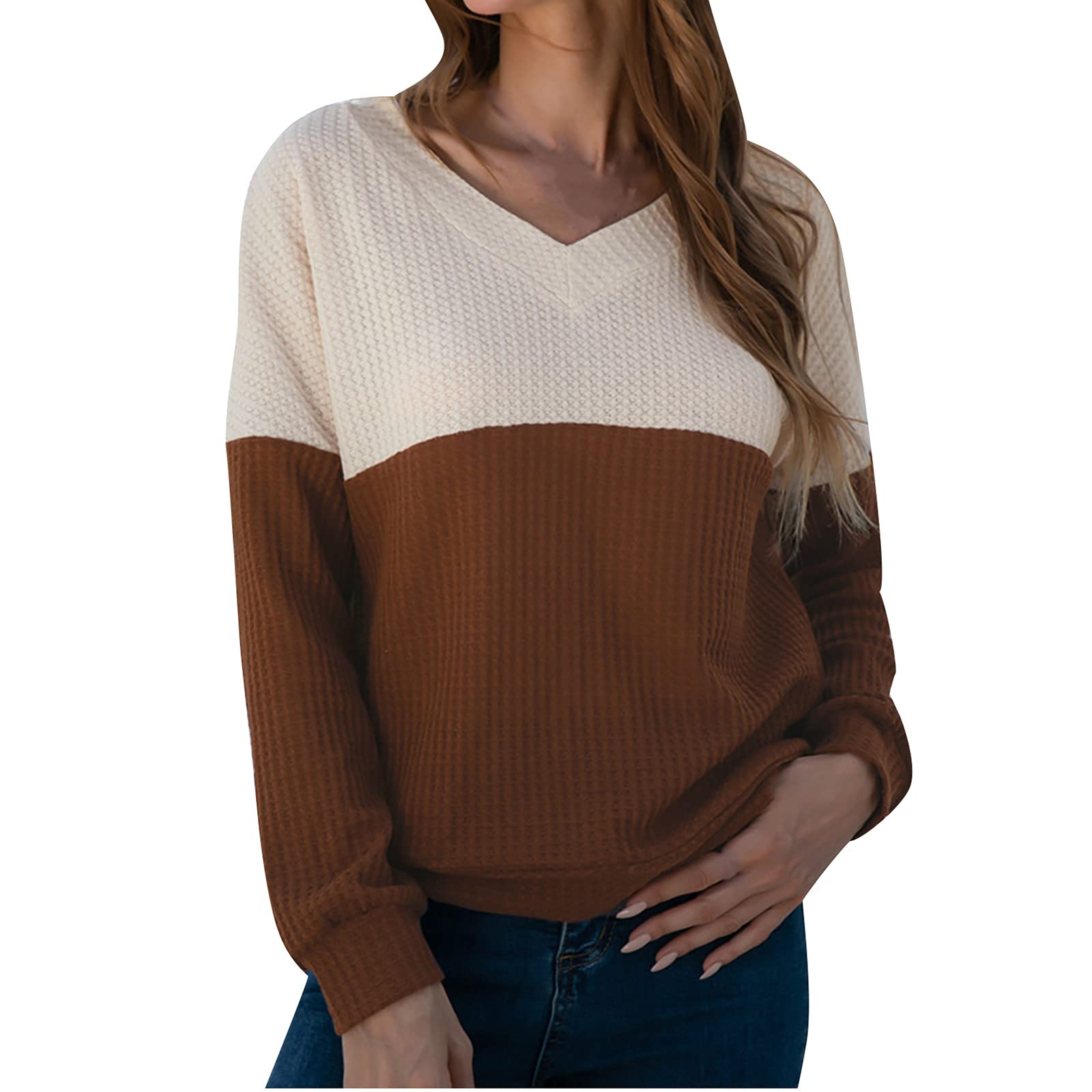 Women's V-Neck Long Sleeve Waffle Knit Sweatshirt - Loose Fit Casual Color Block Tunic Blouse with Leggings | Comfortable Fall & Winter Layering Top for Work, Travel & Everyday Wear