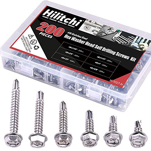 Hilitchi 410 Stainless Steel #8 Hex Washer Head Self-Drilling Sheet Metal Screws - 200-Piece Assortment Kit with Drill Point for DIY, Construction & Metal Roofing Projects