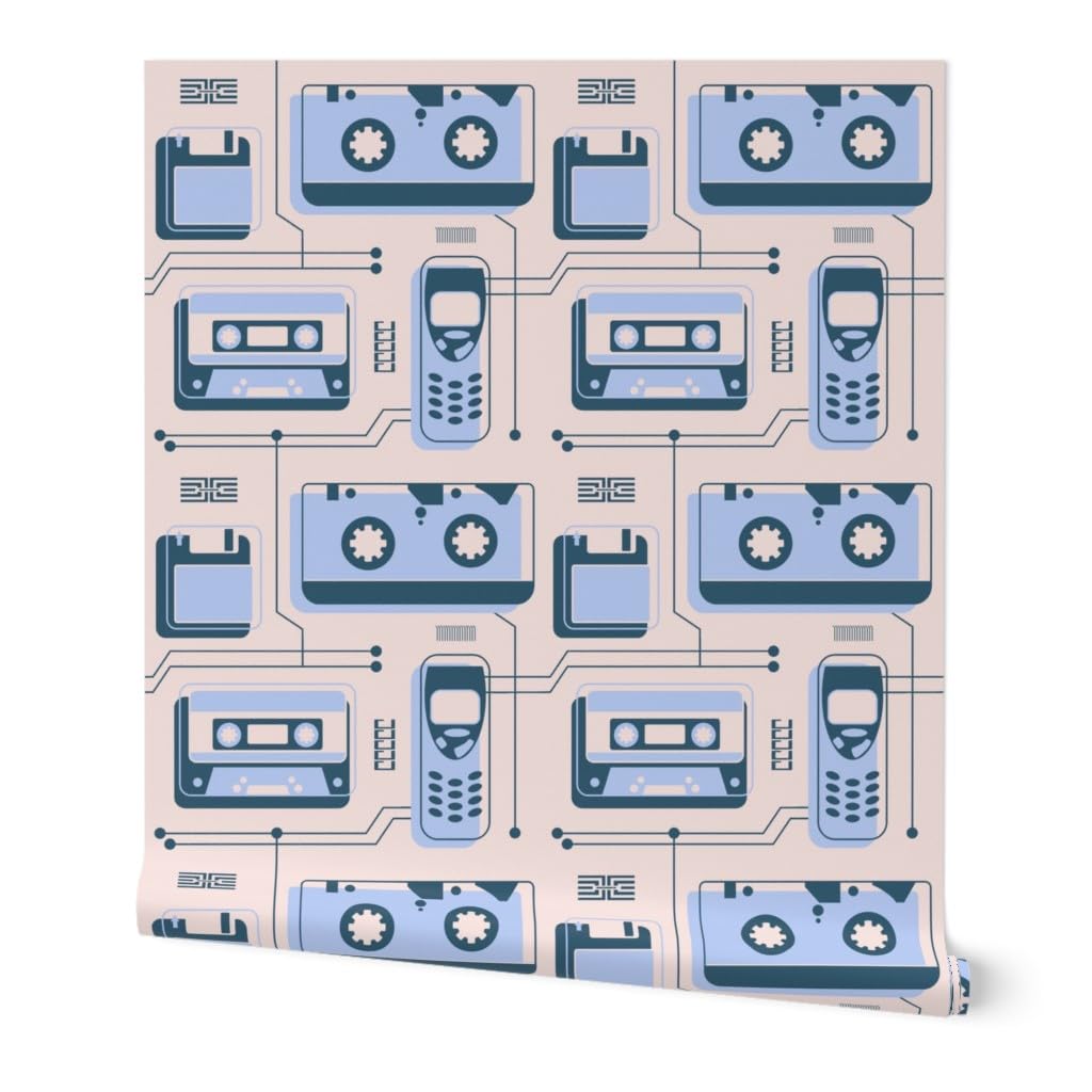 Premium Commercial Grade Wallpaper - 27ft x 2ft Roll, 2000S Light Blue & Dusty Pink Cassette Pattern, Traditional Phone Design by Spoonflower | Perfect for Living Rooms, Bedrooms, and Home Offices