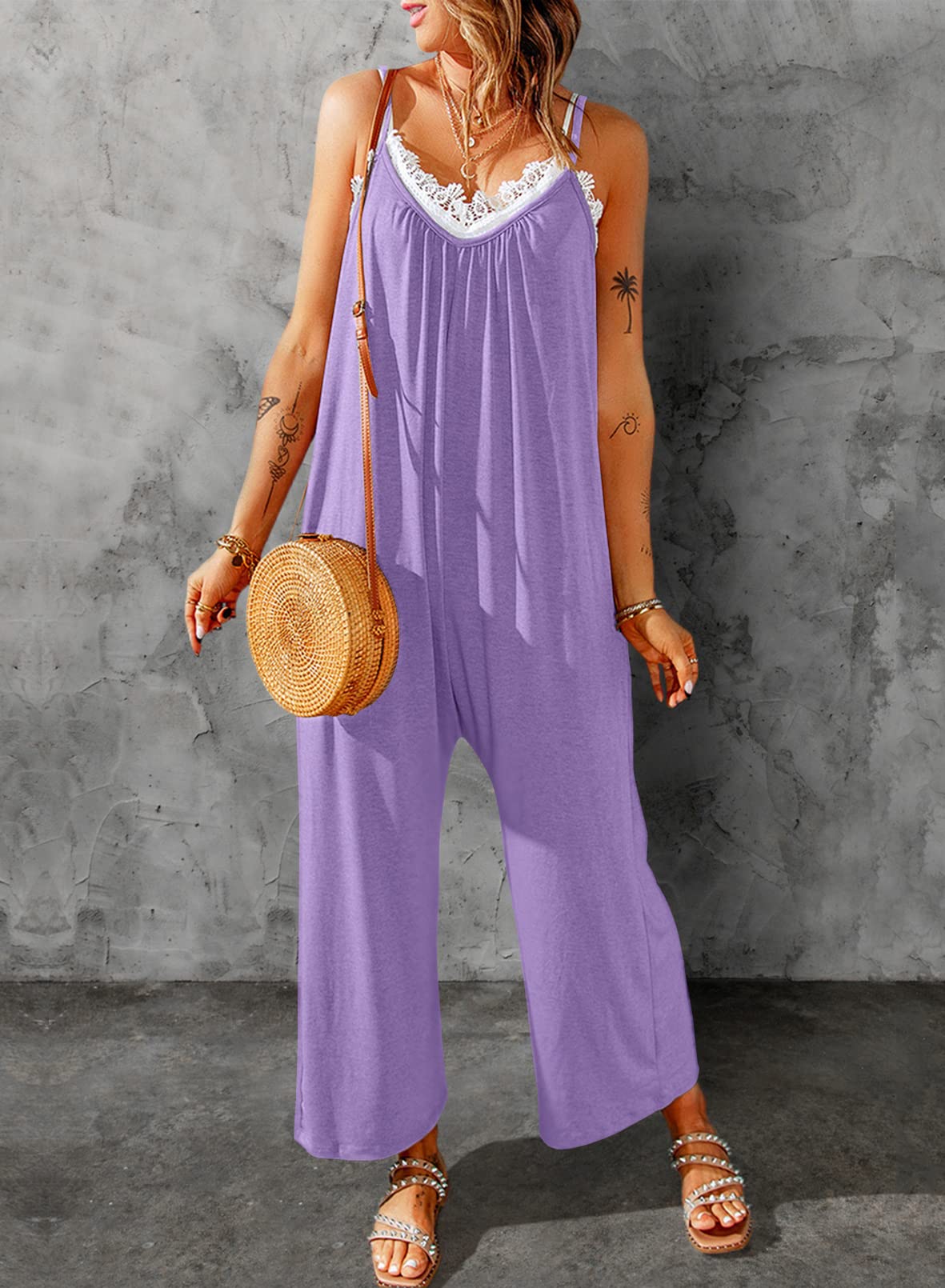 Dokotoo Women's Loose Sleeveless Jumpsuit - Adjustable Spaghetti Strap Stretchy Long Pant Romper with Pockets | Casual Summer Outfit, Beach Cover Up, Lounge Wear