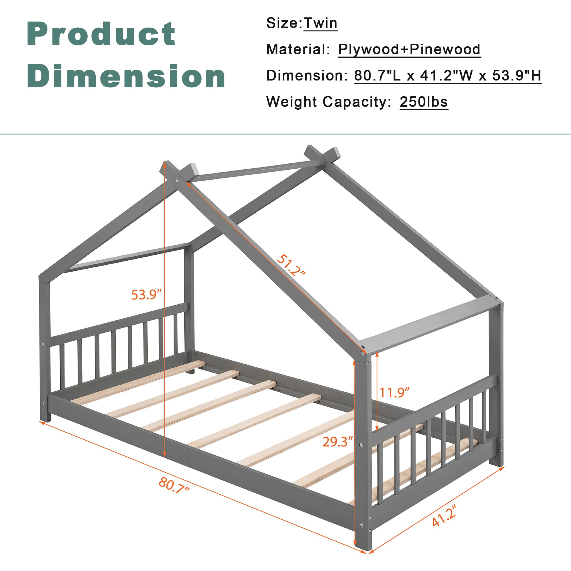 Harper & Bright Designs Twin Size Wooden House Bed Frame for Kids with Headboard & Footboard - Sturdy Slat Support, No Box Spring Needed, Grey - Perfect for Kids' Bedroom, Playroom & Montessori Floor Bed