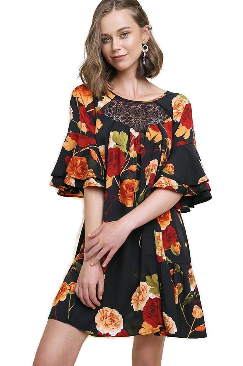 Umgee Women's Floral Print Layered Bell Sleeve Keyhole Dress - Elegant Boho Maxi Dress for Summer, Beach, Weddings & Special Occasions