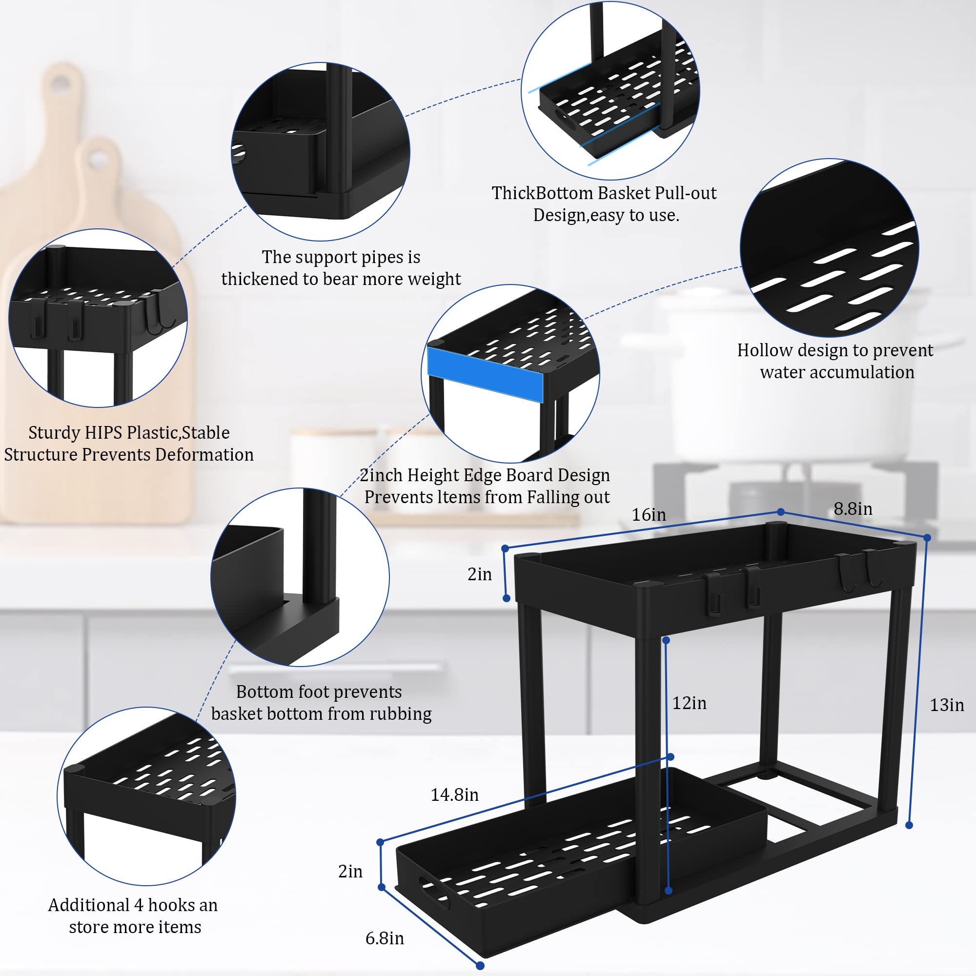 2-Tier Under Sink Organizer with Sliding Drawers & Pull-Out Baskets - Space Saving Kitchen & Bathroom Storage Shelf with Hooks - Perfect for Small Cabinets, Countertops & Vanities (Black, 2-Pack)