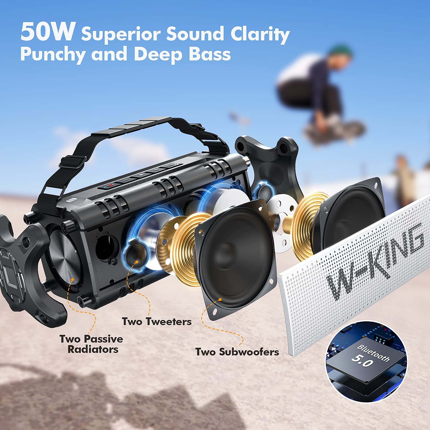W-KING 50W Portable Bluetooth Speaker - IPX6 Waterproof, Wireless Bass, Bluetooth 5.0 with Power Bank, TF Card/AUX/NFC - Perfect for Outdoor Adventures, Beach Parties & Camping
