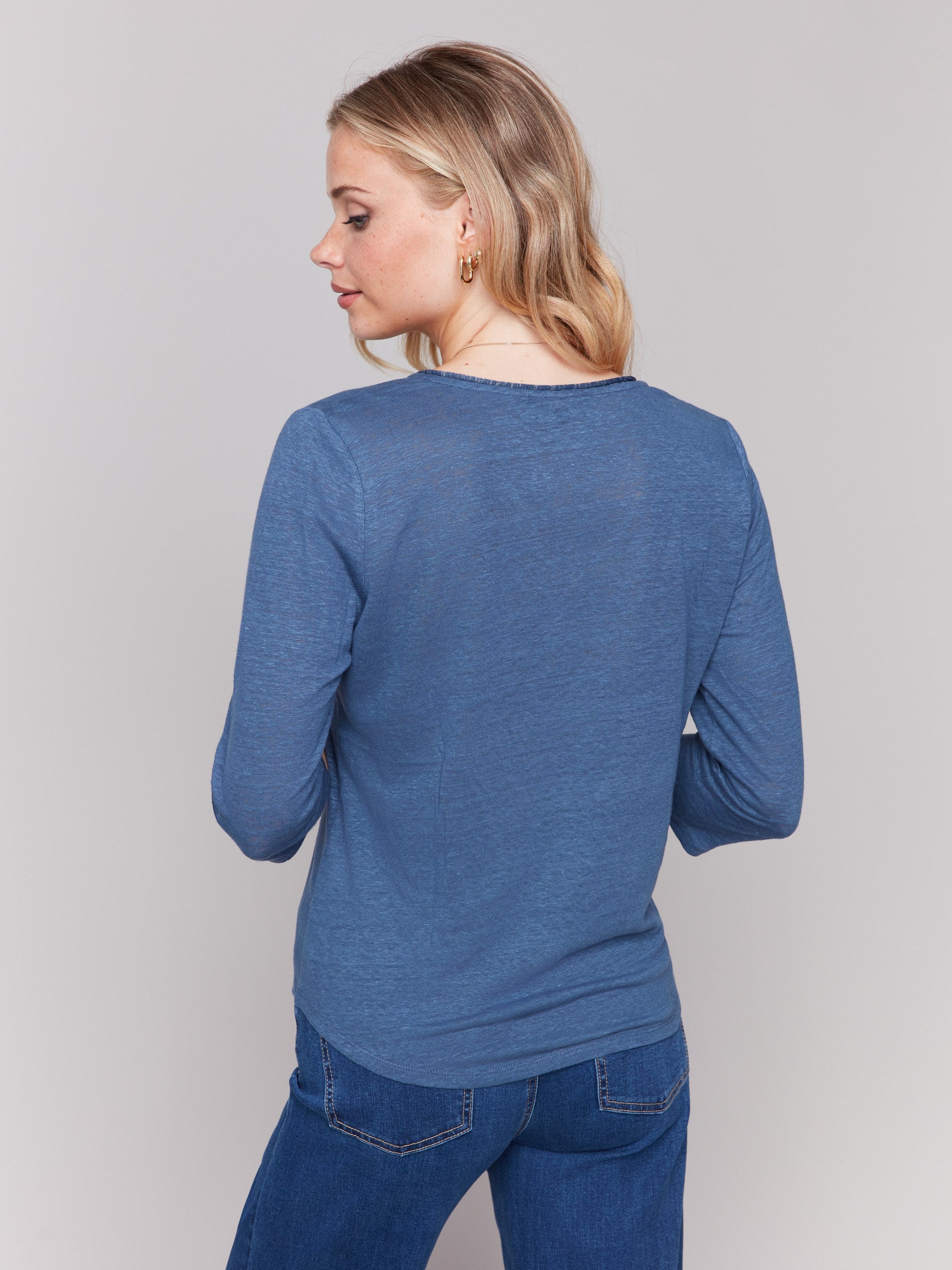 Stylish Linen Blend V-Neck Top with Denim Accents - Perfect for Casual Outings, Summer Dressing & Layering