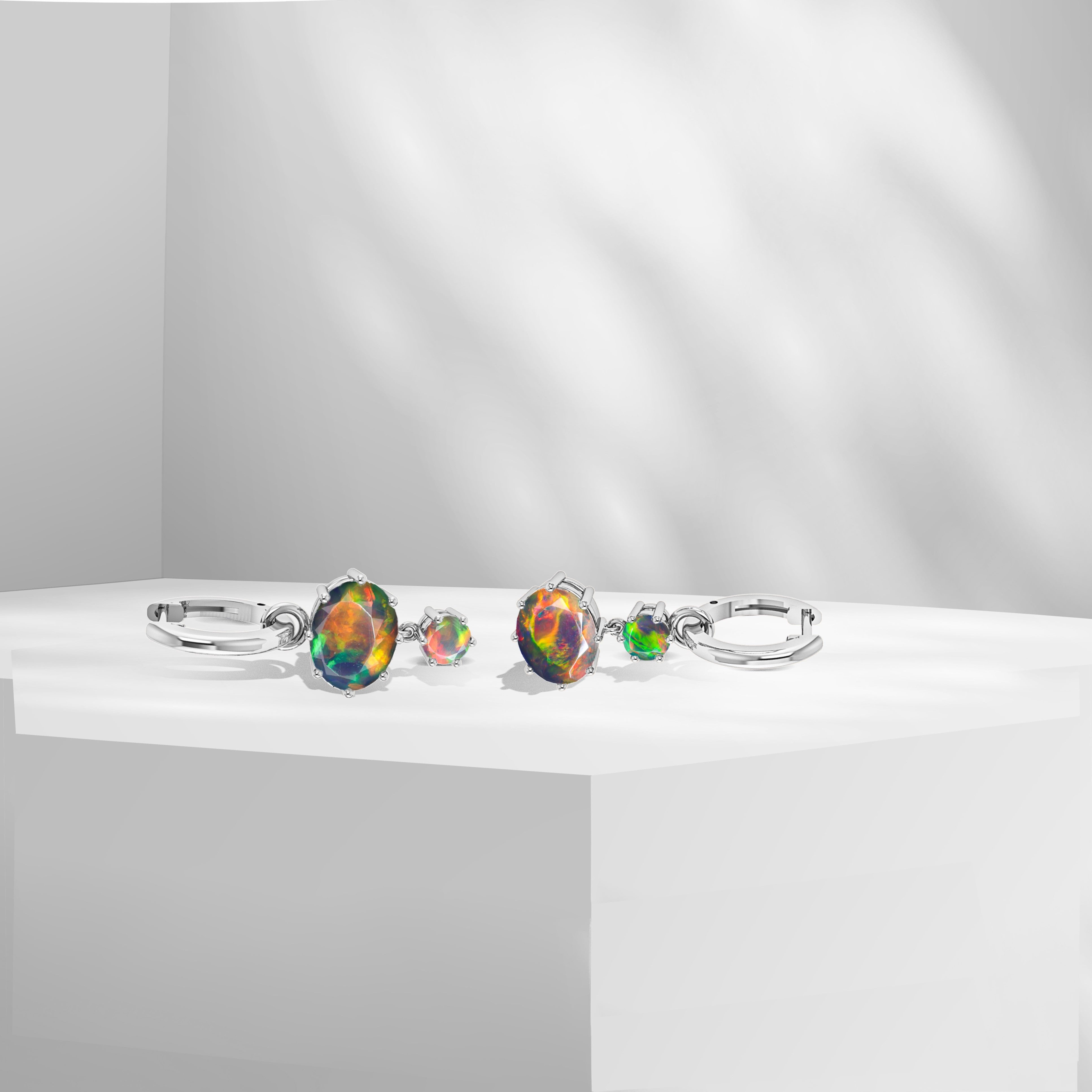 Blue Fire Opal Dual Round Stone Hoop Earrings for Women | Handmade Sterling Silver Jewelry | Perfect for Parties, Weddings & Special Occasions