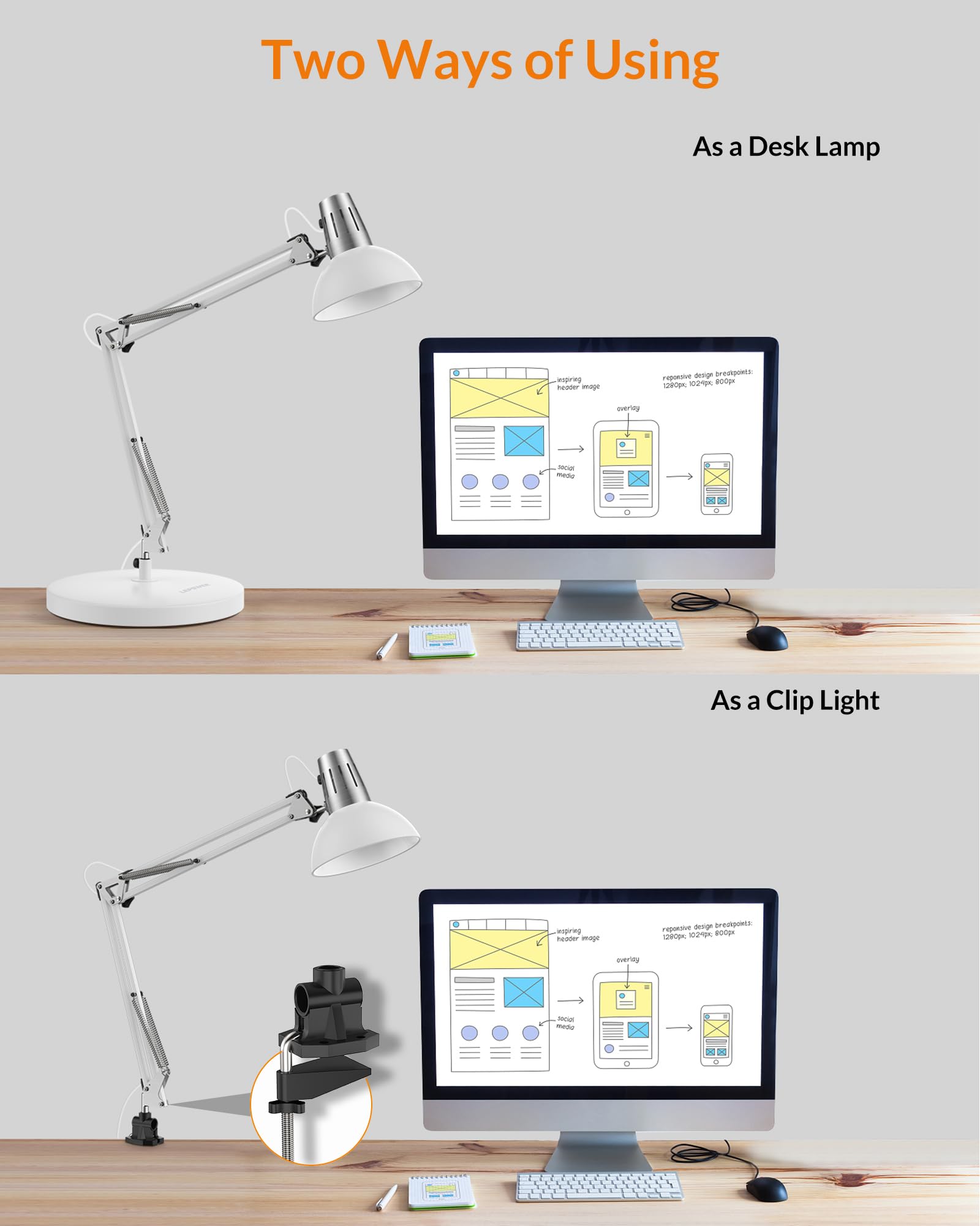 LEPOWER Adjustable Metal Desk Lamp with Clamp - Architect Swing Arm Task Light, Eye-Caring Reading Lamp for Study, Office & Bedroom - White | Perfect for Home Office, Dorm Room & Nightstand Lighting