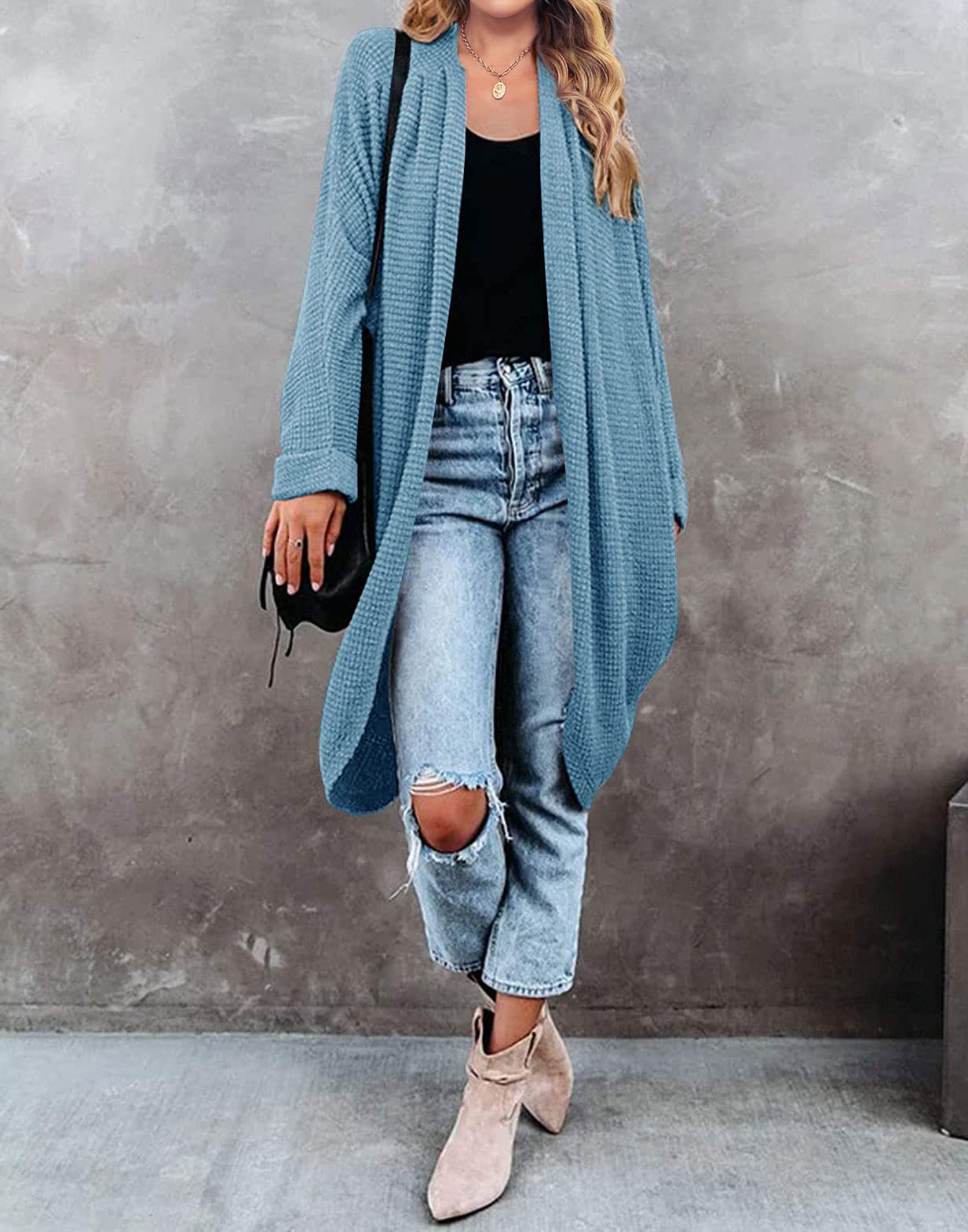 MEROKEETY Women's 2025 Fall Waffle Knit Batwing Long Sleeve Cardigan - Loose Open Front Sweater Coat for Casual Outfits & Layering | Perfect for Autumn, Office Wear & Coffee Dates
