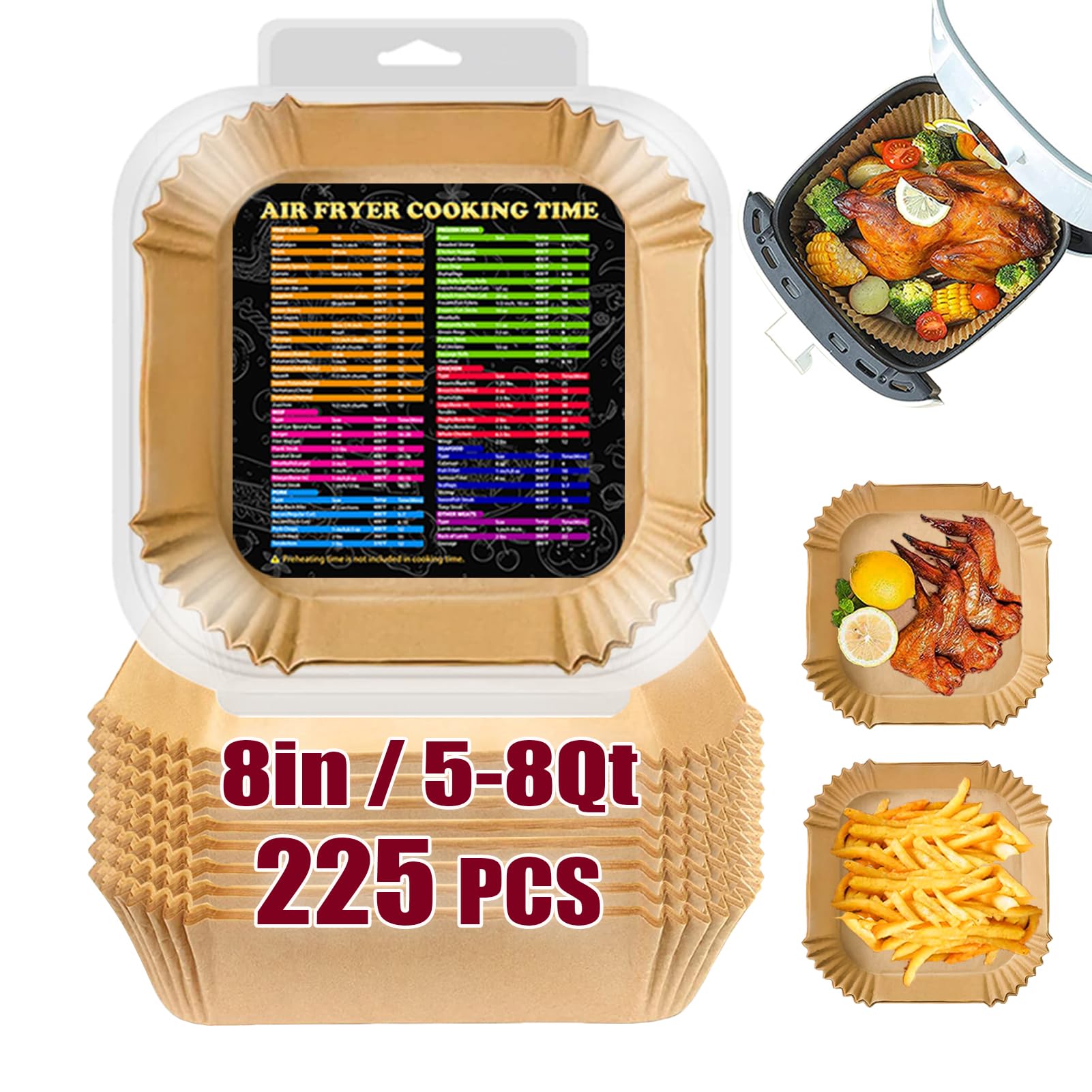 225PCS 8-Inch Square Air Fryer Paper Liners - Compatible with COSORI 6Qt, Ninja AF141, AF181 & 5-8Qt Air Fryers - Disposable Parchment Baking Sheets for Roasting, Baking & Microwave Use - Perfect for Healthy Cooking, Meal Prep & Quick Cleanup