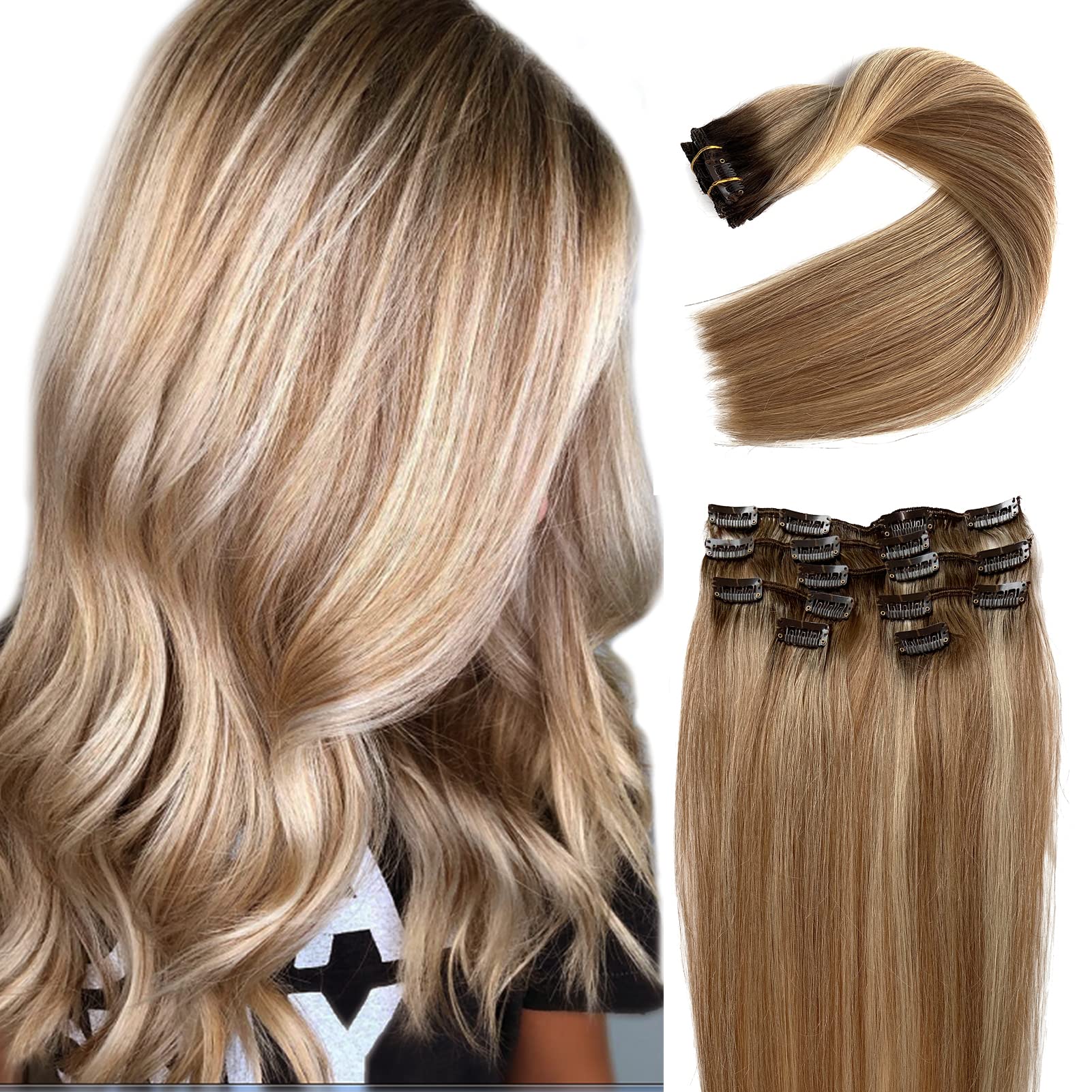 Chocolate Brown to Golden Brown Clip in Hair Extensions with Blonde Highlights - 7 Pcs 70G Remy Human Hair Double Weft Straight Extensions for Women - 20