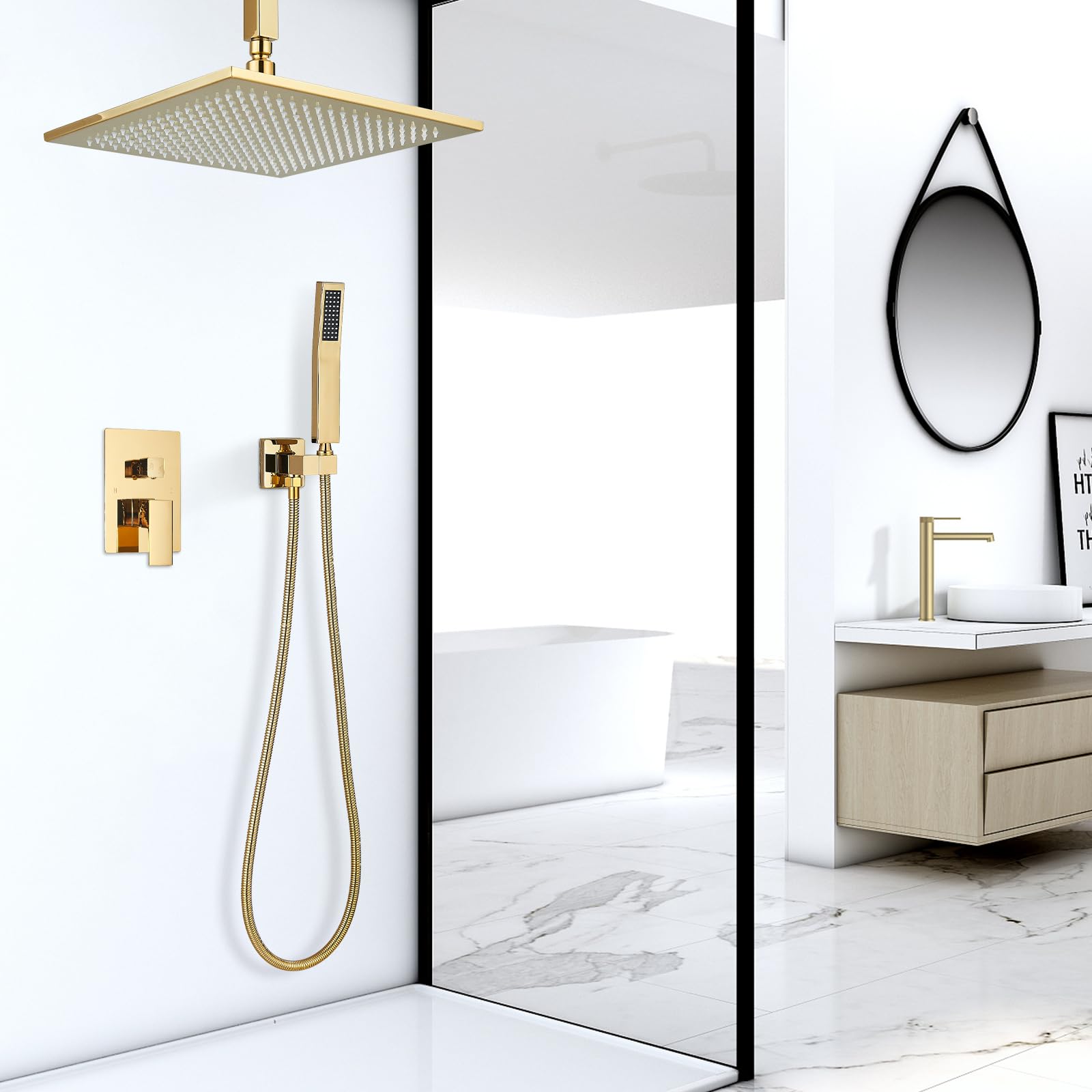Polished Gold 12 Inch LED Square Rainfall Shower Head System - Ceiling Mount Shower Faucet Set with Hand Sprayer, Rough-in Valve Trim Kit & Bathroom Mixer (Perfect for Modern Luxury Bathrooms & Spa-like Showers)