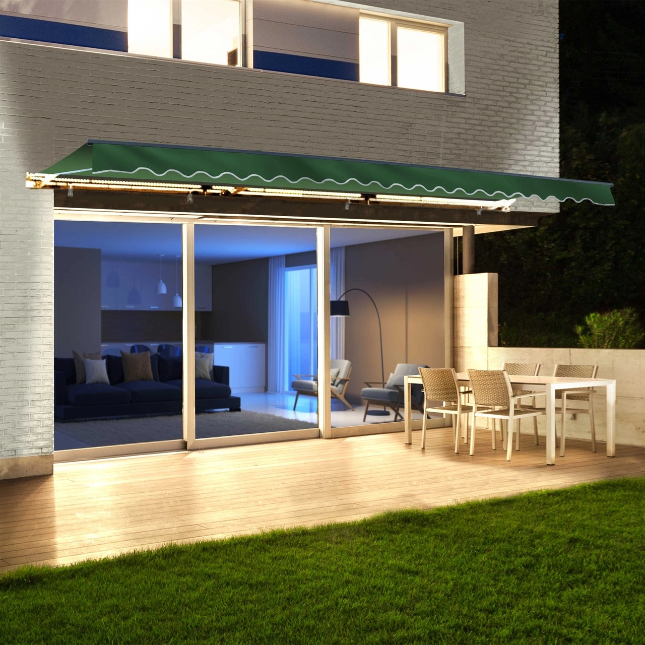 12x10 FT Aleko Half Cassette Motorized Retractable LED Patio Awning - Green Luxury Outdoor Shade for Deck, Garden & Backyard