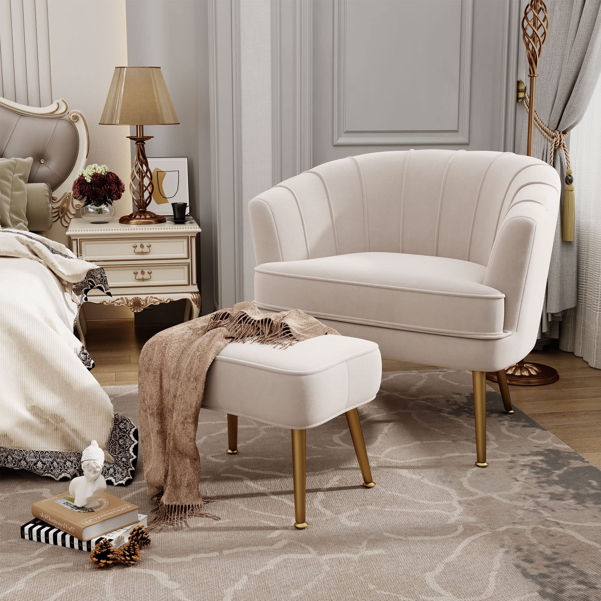 Andeworld Velvet Accent Chair with Ottoman - Modern Upholstered Barrel Club Armchair with Golden Metal Legs, Comfortable Living Room Side Chair for Bedroom, Office, Reading Nook - Beige Velvet Sofa | Perfect for Small Spaces, Lounge Areas & Home Decor