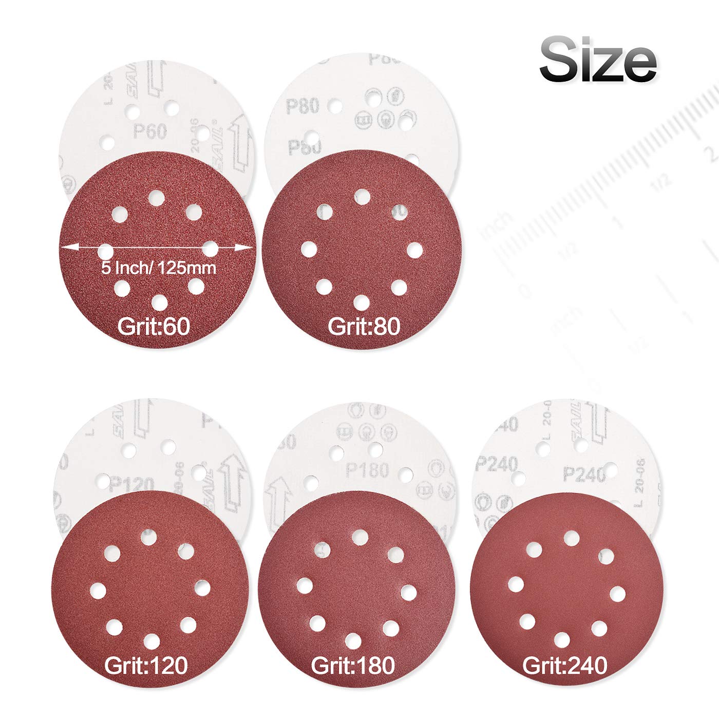 100PCS 5 Inch (127mm) 8-Hole Hook & Loop Sanding Discs - 60/80/120/180/240 Grit Assorted Sandpaper for Random Orbital Sander - Perfect for Woodworking, Metal Polishing & DIY Projects