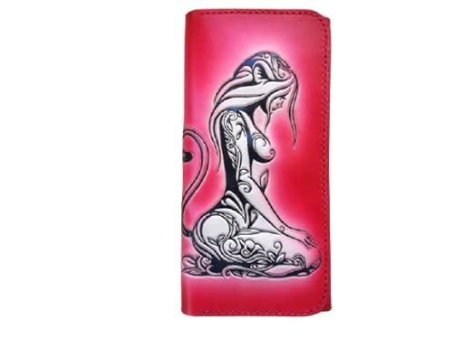Handmade 3D Carved Genuine Leather Women's Wallet - Long Bifold Travel Wallet with Hand-Painted Design for Motorcycle Riders & Daily Use | Perfect Gift for Her, Business, and Special Occasions