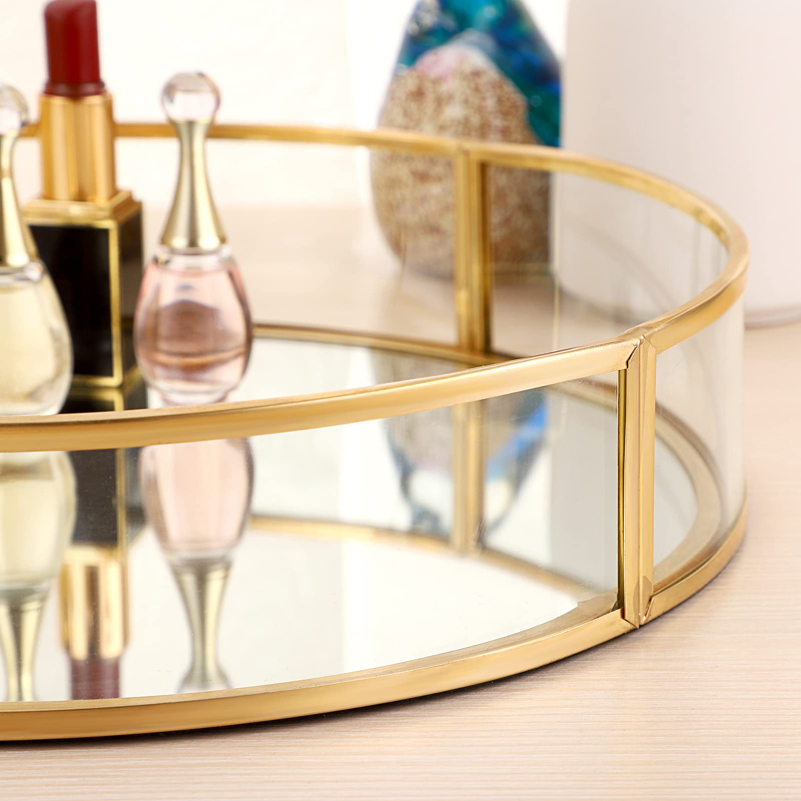ELLDOO Gold Round Glass Vanity Tray - Decorative Mirror Jewelry & Perfume Organizer for Dresser, Makeup Display, and Home Decor | Perfect for Bedroom, Bathroom & Gift Giving