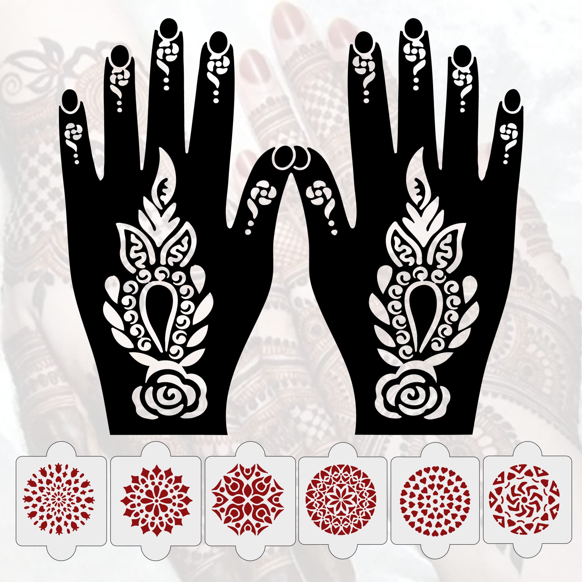 8 Pcs Henna Tattoo Stencil Kit - 2 Henna Stencil Tattoos & 6 Reusable PVC Laser Cut Stencils | Easy to Apply Mehndi Stickers for Women, Girls & Kids | Perfect for Weddings, Festivals & DIY Body Art (IVNH-1064)