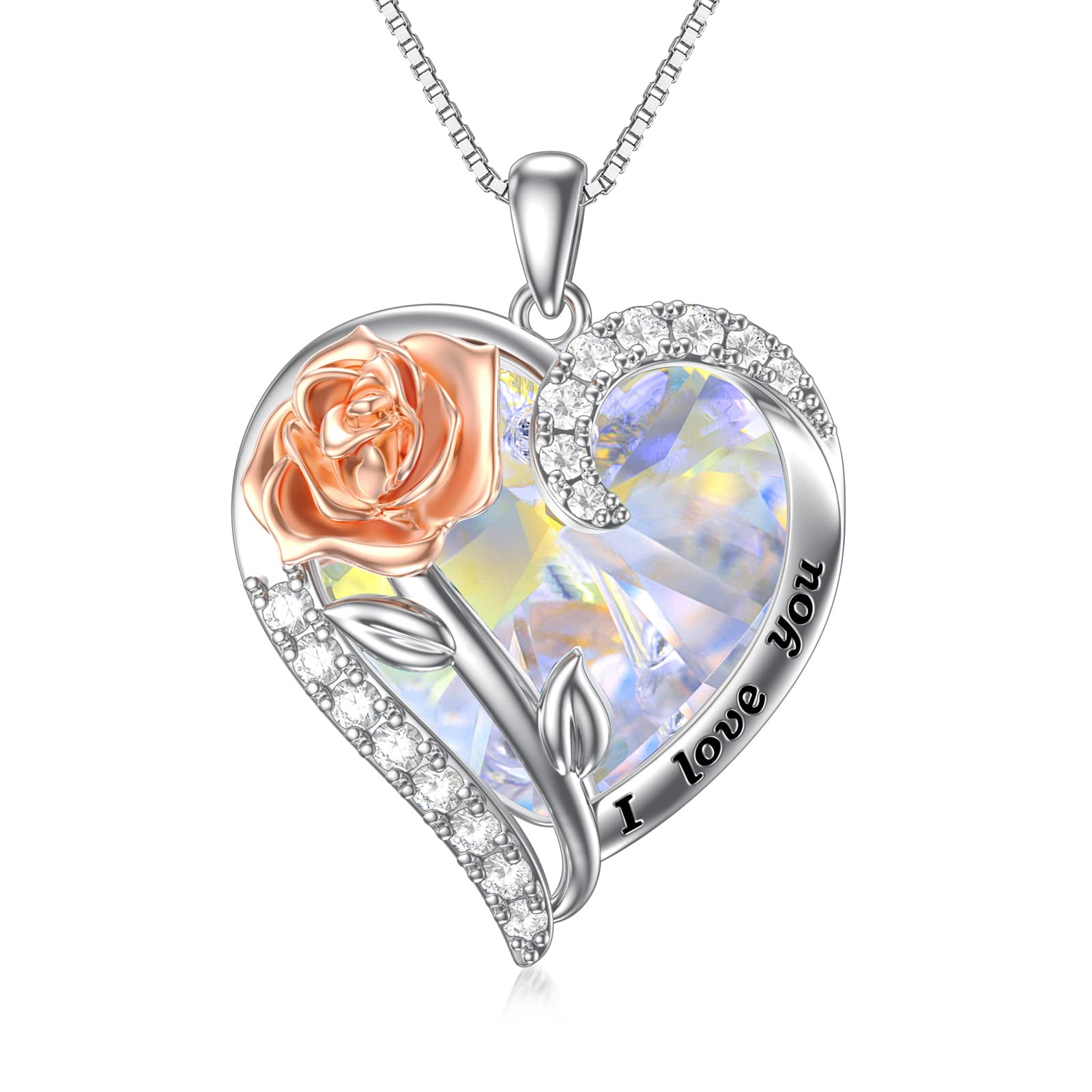 TOUPOP Sterling Silver Rose Crystal Pendant Necklace - 925 Silver Heart Birthstone Jewelry for Women, Valentine's Day Gifts for Her, Wife, Girlfriend, Mom | Perfect for Anniversary, Birthday & Romantic Occasions