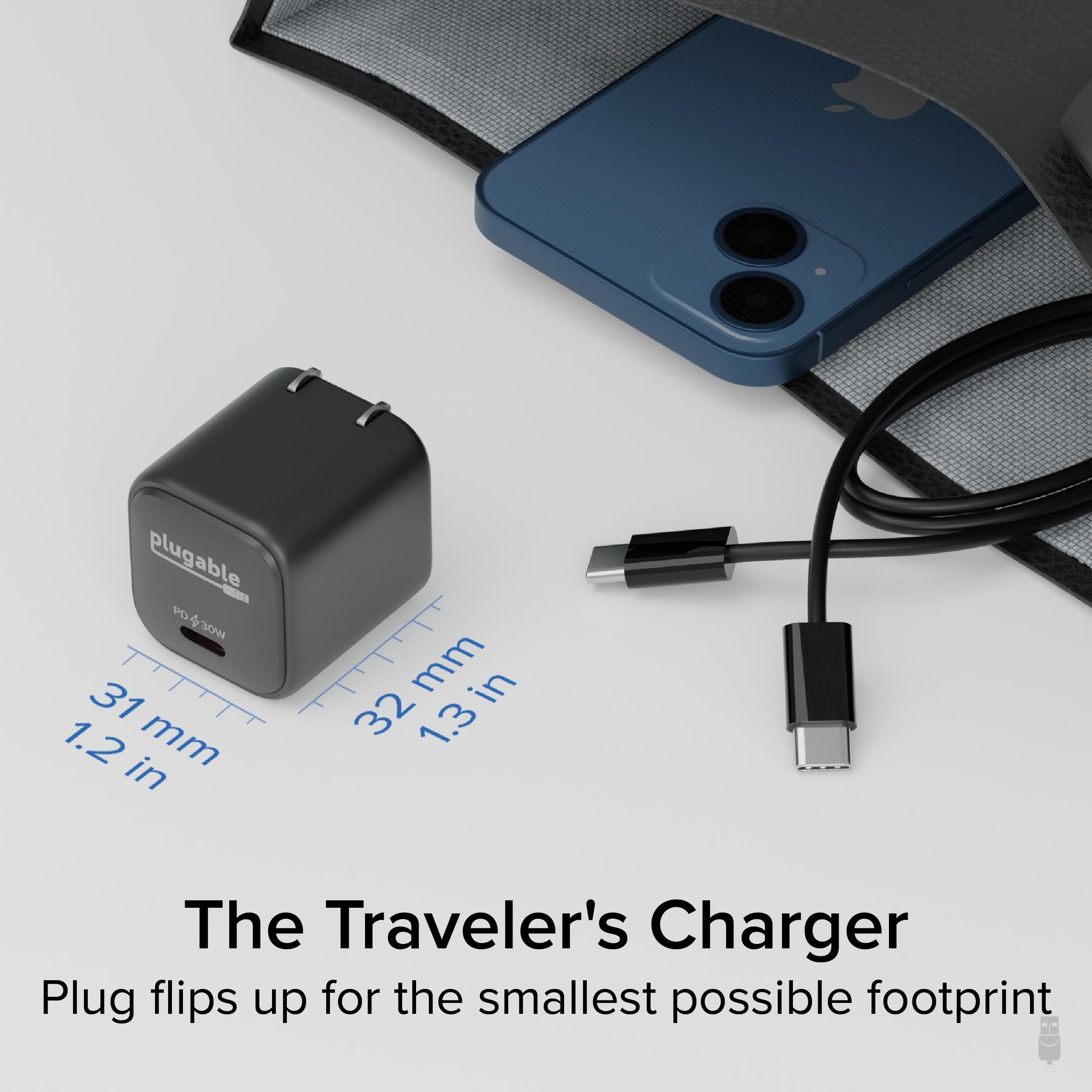 Plugable 30W GaN USB C Fast Charger Block with Foldable Prongs - PPS Charger for iPhone 16/16 Pro/16 Pro Max, iPad Pro, Samsung Galaxy S23, AirPods - Compact Travel Charger for Home, Office & Car (Black)
