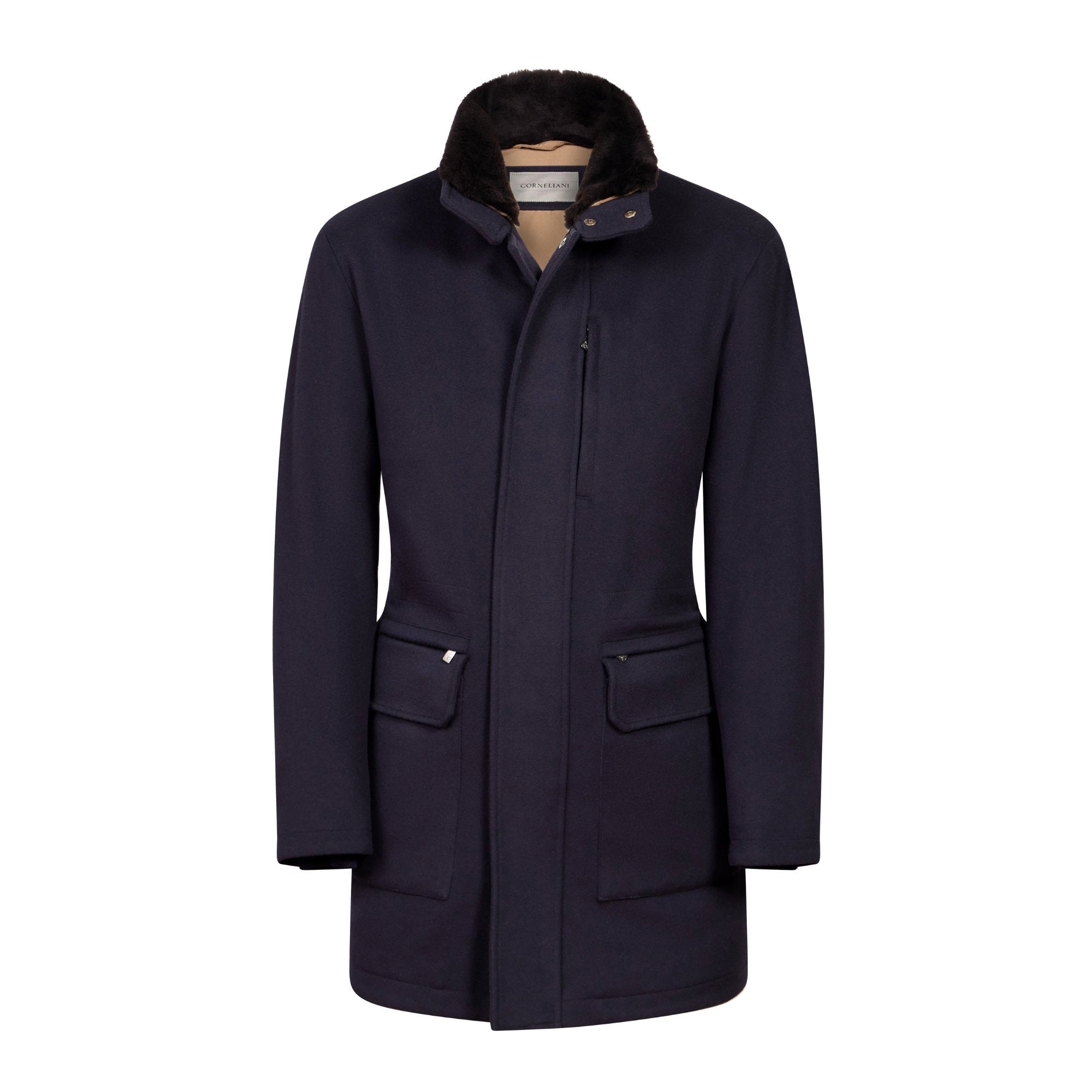 Corneliani Men's Wool Caban Coat in Navy Blue | Classic Winter Overcoat for Business & Formal Occasions