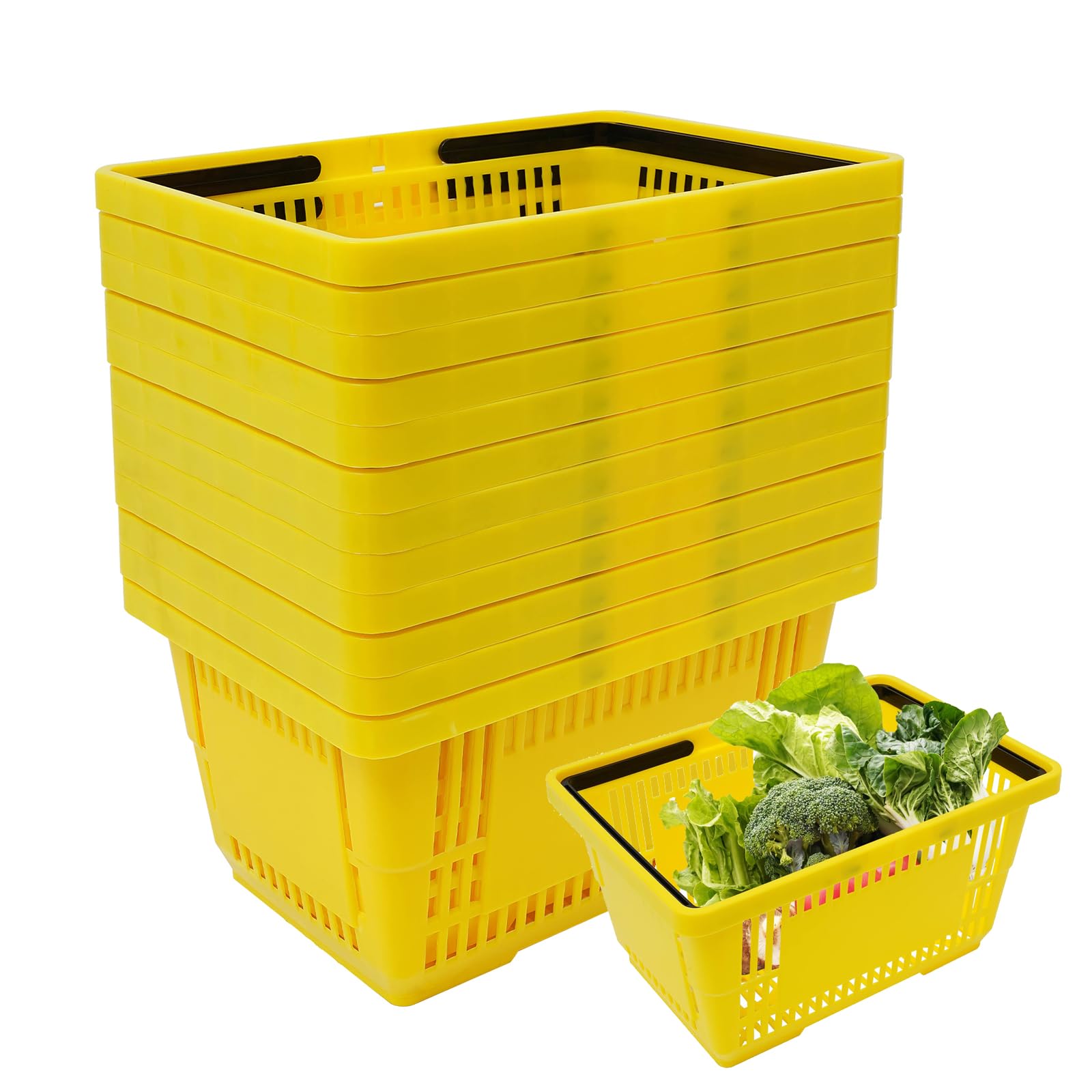 12-Pack Plastic Shopping Baskets with Handles - 28L Capacity (18.9×13×10.2in) - Durable & Portable Grocery Baskets for Retail Stores, Supermarkets & Farmers Markets - Ideal for Shopping, Storage & Display (Yellow)