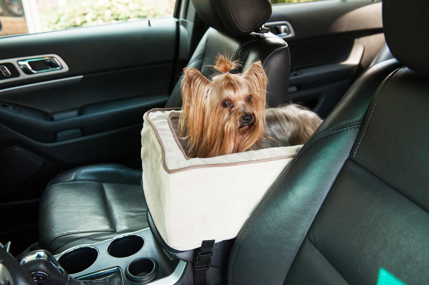 Snoozer Large Center Console Dog Car Seat for Small Dogs Under 12 lbs - Washable Buckskin Cover with Harness Attachment - Comfortable & Secure Pet Car Seat for SUVs, Trucks, and Wide Vehicle Consoles - Perfect for Road Trips, Daily Commutes, and Pet Travel Safety