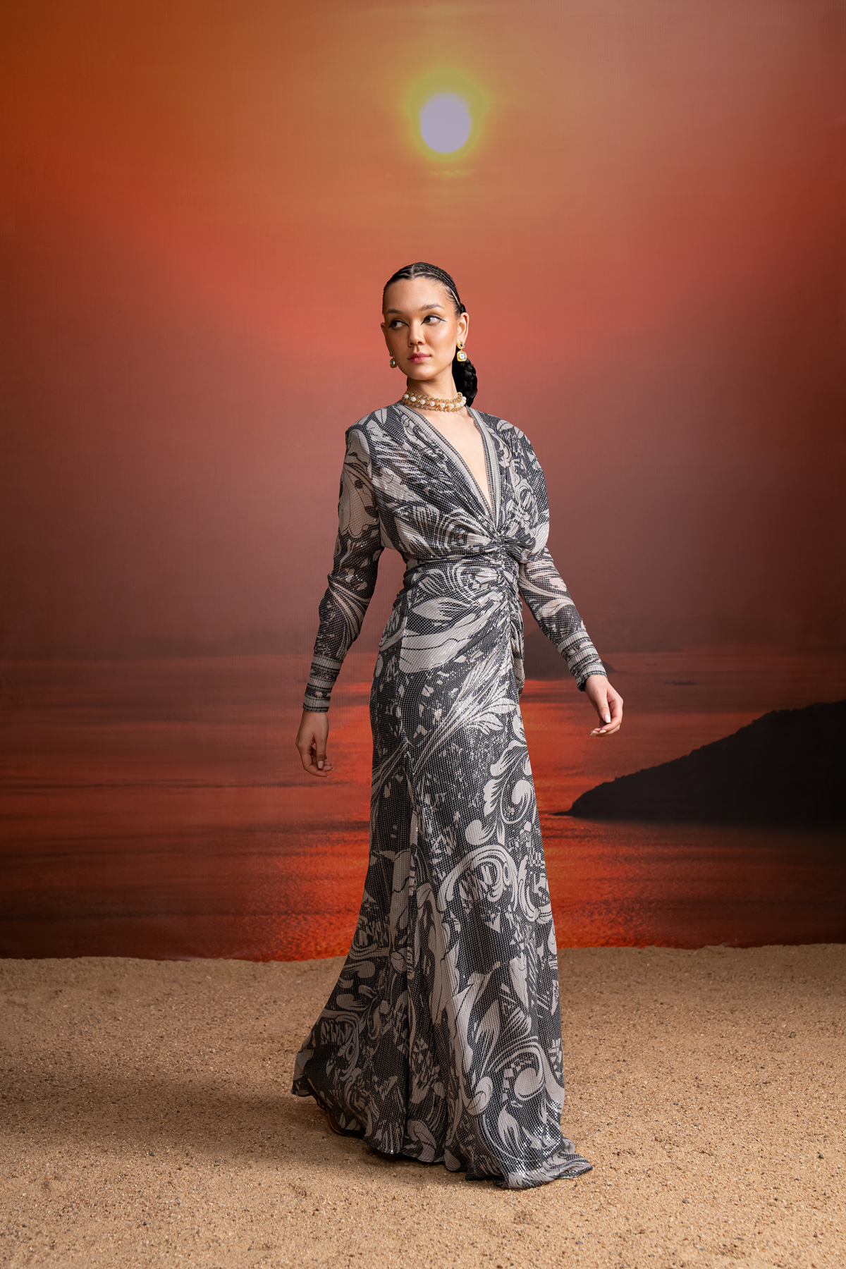 NOIR SWIRL PRINTED SEQUINS DRAPED DRESS - Elegant Black Sequin Party Dress for Women, Perfect for Evening Events, Cocktail Parties & Special Occasions