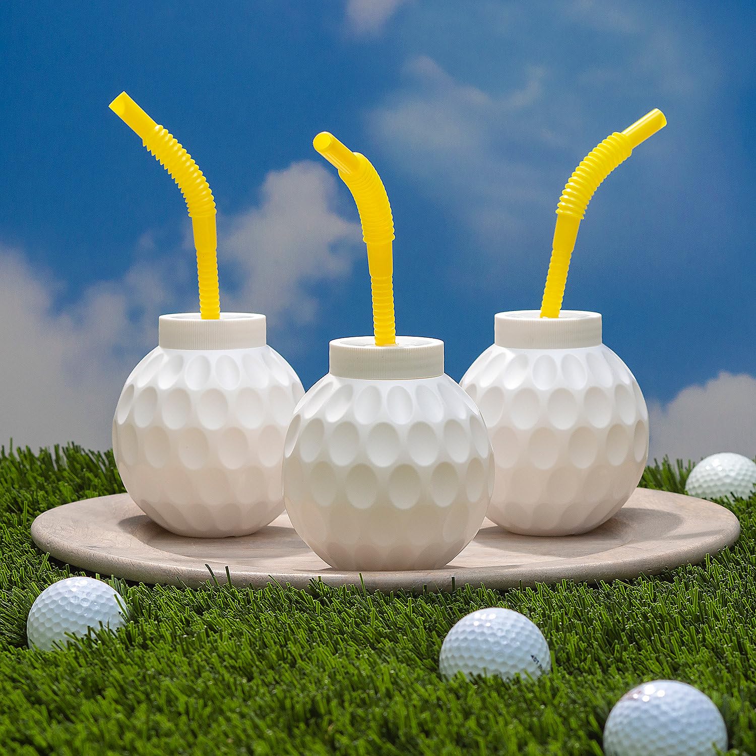 Fun Express 14 oz. BPA-Free Plastic Golf Ball Molded Reusable Cups with Lids & Straws - Set of 12 - Perfect for Golf Themed Parties, Outdoor Events, and Summer BBQs