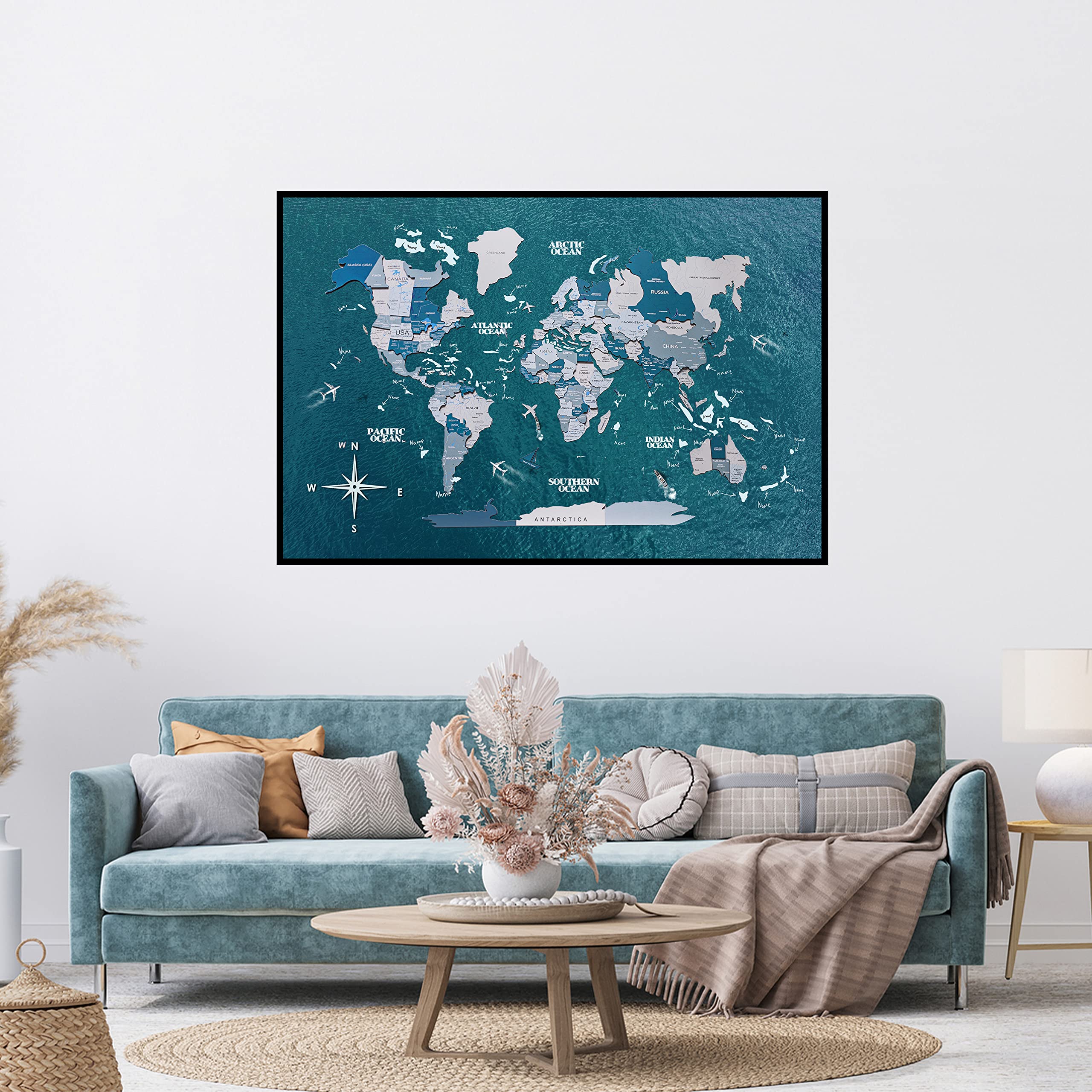 3D Wooden World Map Wall Art - Framed Travel Decor for Home & Office - Rustic Wood Board Wall Decoration - Perfect Housewarming Gift (Medium, Aqua) - Ideal for Living Room, Bedroom or Office Decor