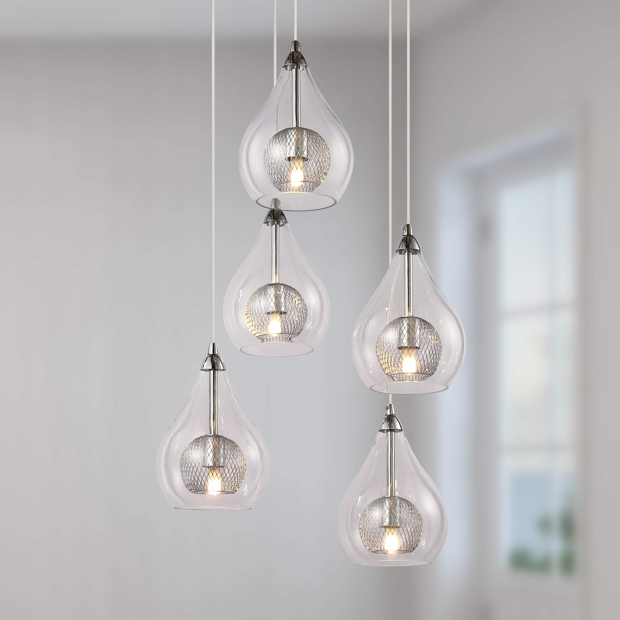 Maxax 5-Light Raindrop Glass Chandelier - Modern Clear Glass Shade Pendant Lighting Fixture - Adjustable Contemporary Ceiling Light for Kitchen, Dining Room, Living Room - Chrome Finish - Perfect for Home Decor, Wedding Venues & Restaurant Lighting