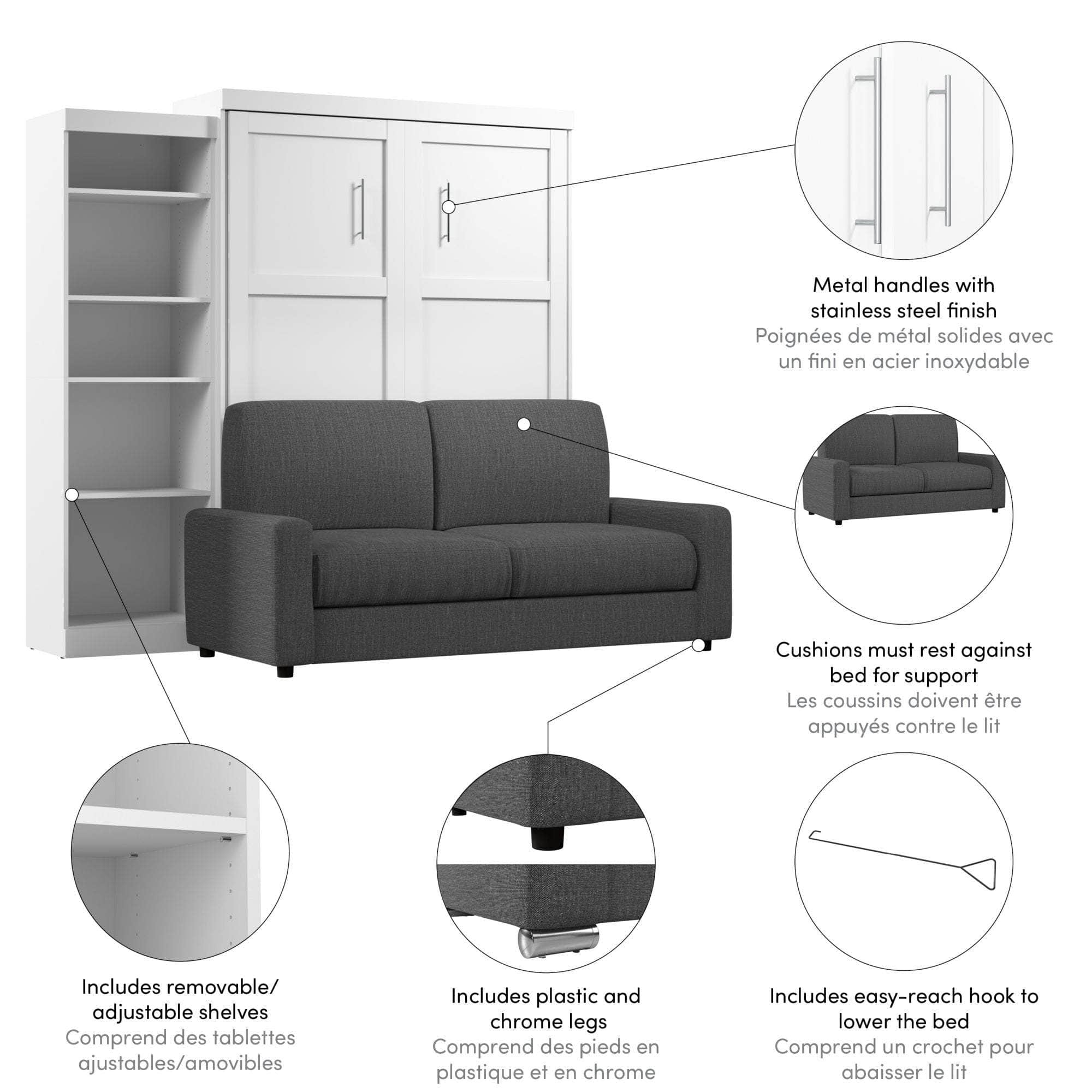 Pur Queen Murphy Wall Bed with Storage & Sofa - Space-Saving White Wall Bed for Small Apartments, Guest Rooms & Home Offices