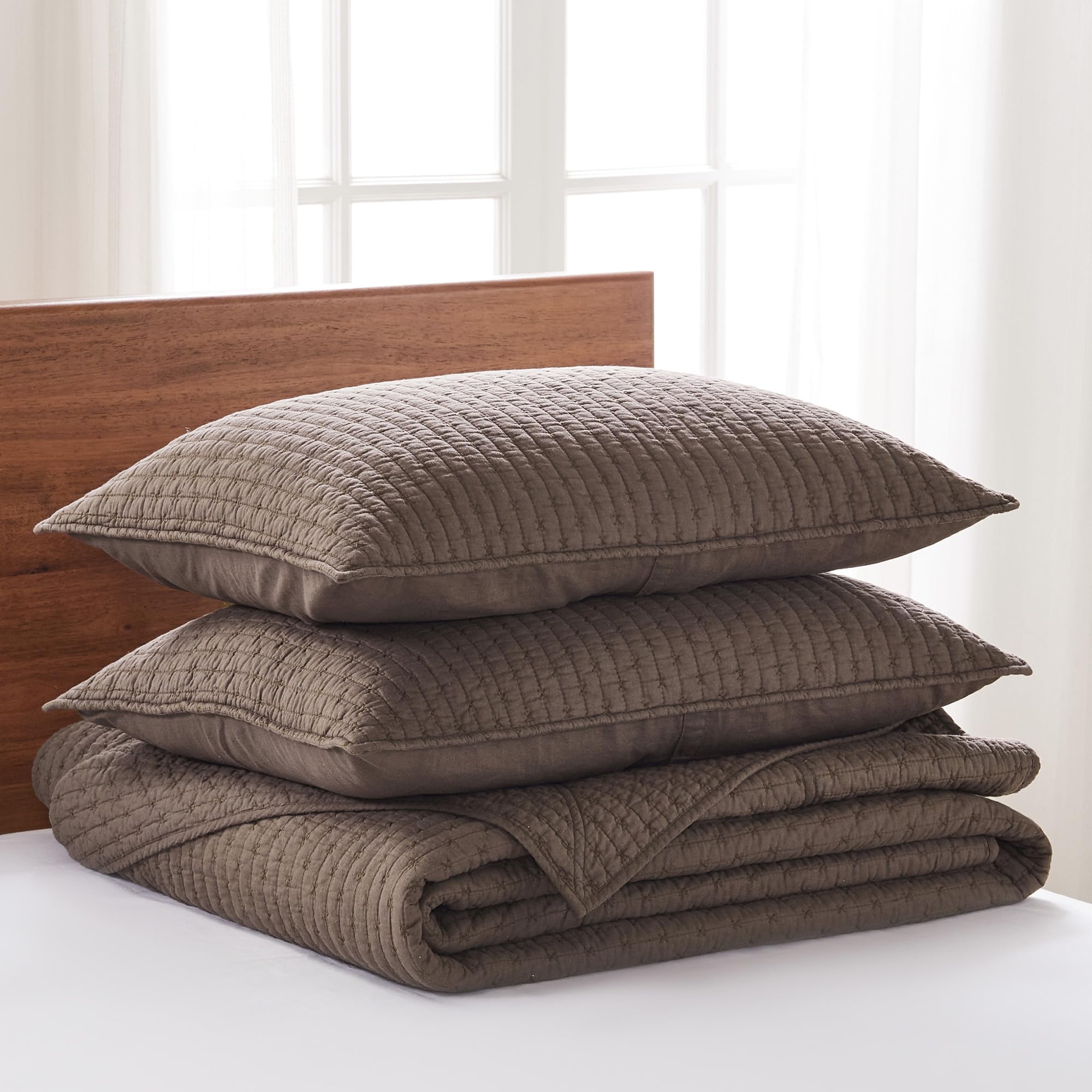Levtex Home King Size Cross Stitch Cocoa Bedspread Set - 120x104 Inch Quilted Cotton Bedspread with 2 King Shams (20x36in) - Elegant Cross Stitch Pattern Design - Perfect for Master Bedroom, Guest Room or Cozy Farmhouse Decor
